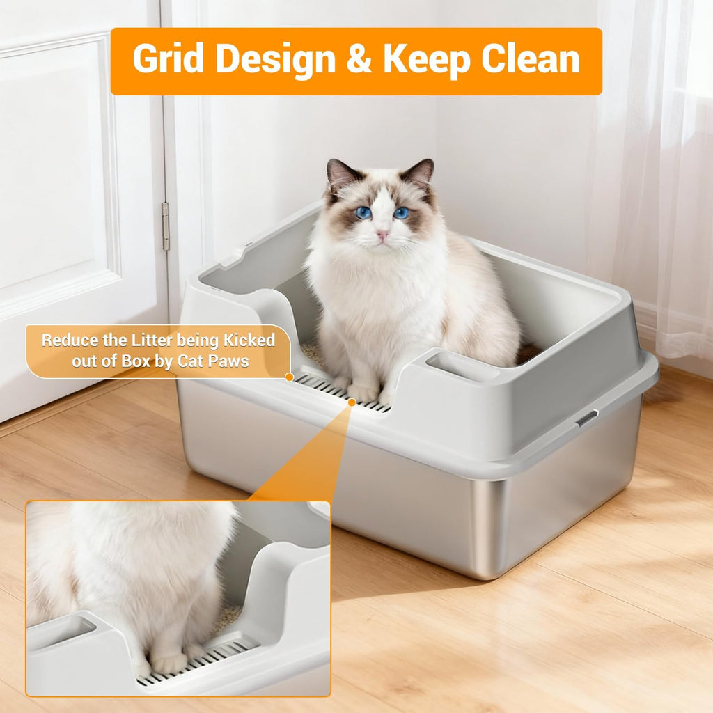 Garvee Stainless Steel Cat Litter Box, High Side Litter Box with Non-Stick, Scoop & Odor-Resistant, Metal Cat Pan for Multiple Cats, Rabbits & Small Pets, Easy to Clean, White
