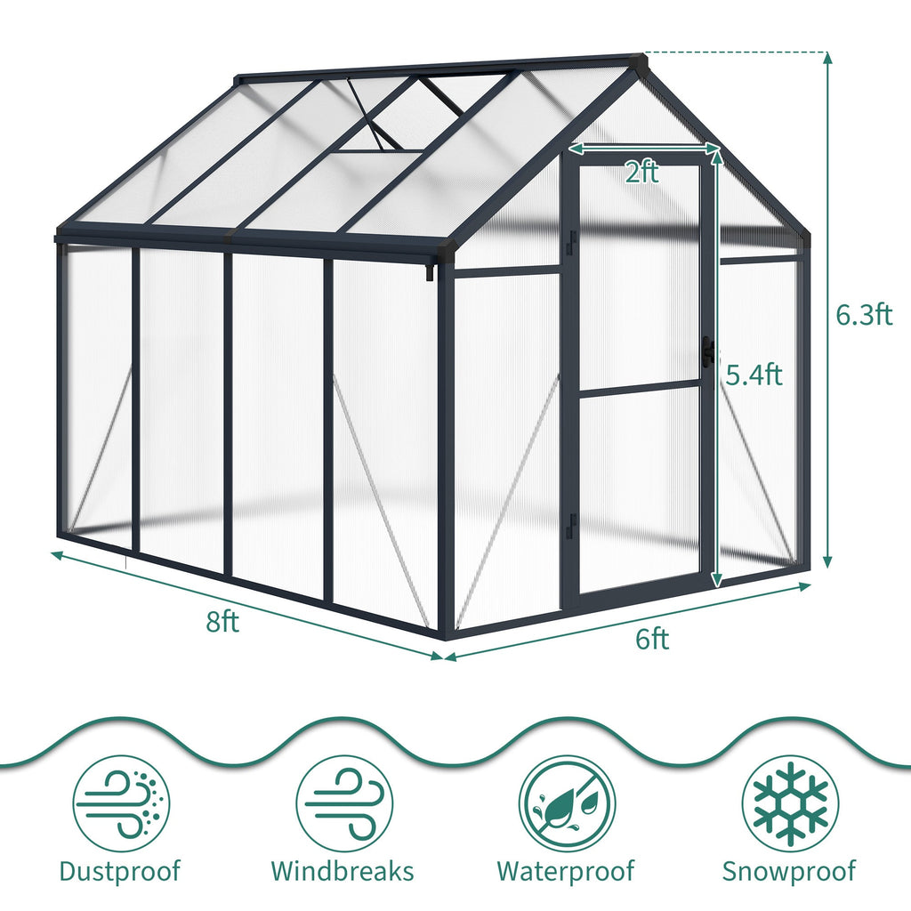 Garvee  6x8 FT Polycarbonate Greenhouse Gazebo – Walk-In Outdoor Garden Structure – Robust Aluminum Frame – Upgraded Sliding Door, Adjustable Roof Vent, Lockable Handle – For Patio, Backyard, Lawn – 6x8 Sliding Door, Dark Gray (Upgraded Handle