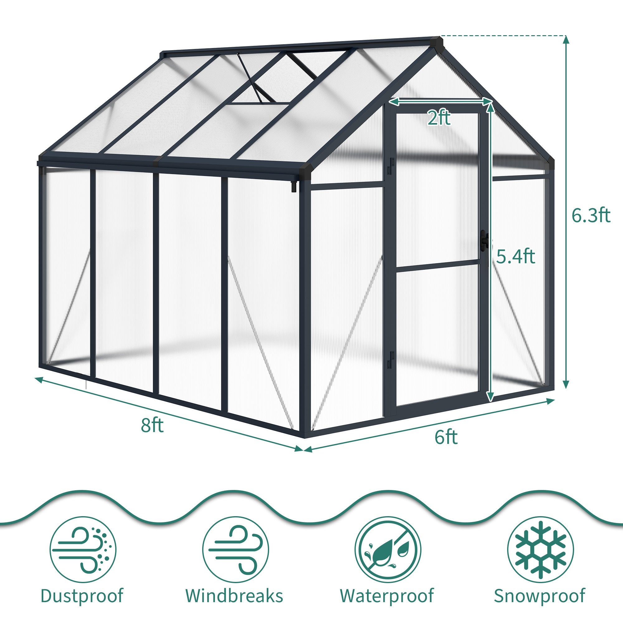 Garvee  6x8 FT Polycarbonate Greenhouse Gazebo – Walk-In Outdoor Garden Structure – Robust Aluminum Frame – Upgraded Sliding Door, Adjustable Roof Vent, Lockable Handle – For Patio, Backyard, Lawn – 6x8 Sliding Door, Dark Gray (Upgraded Handle