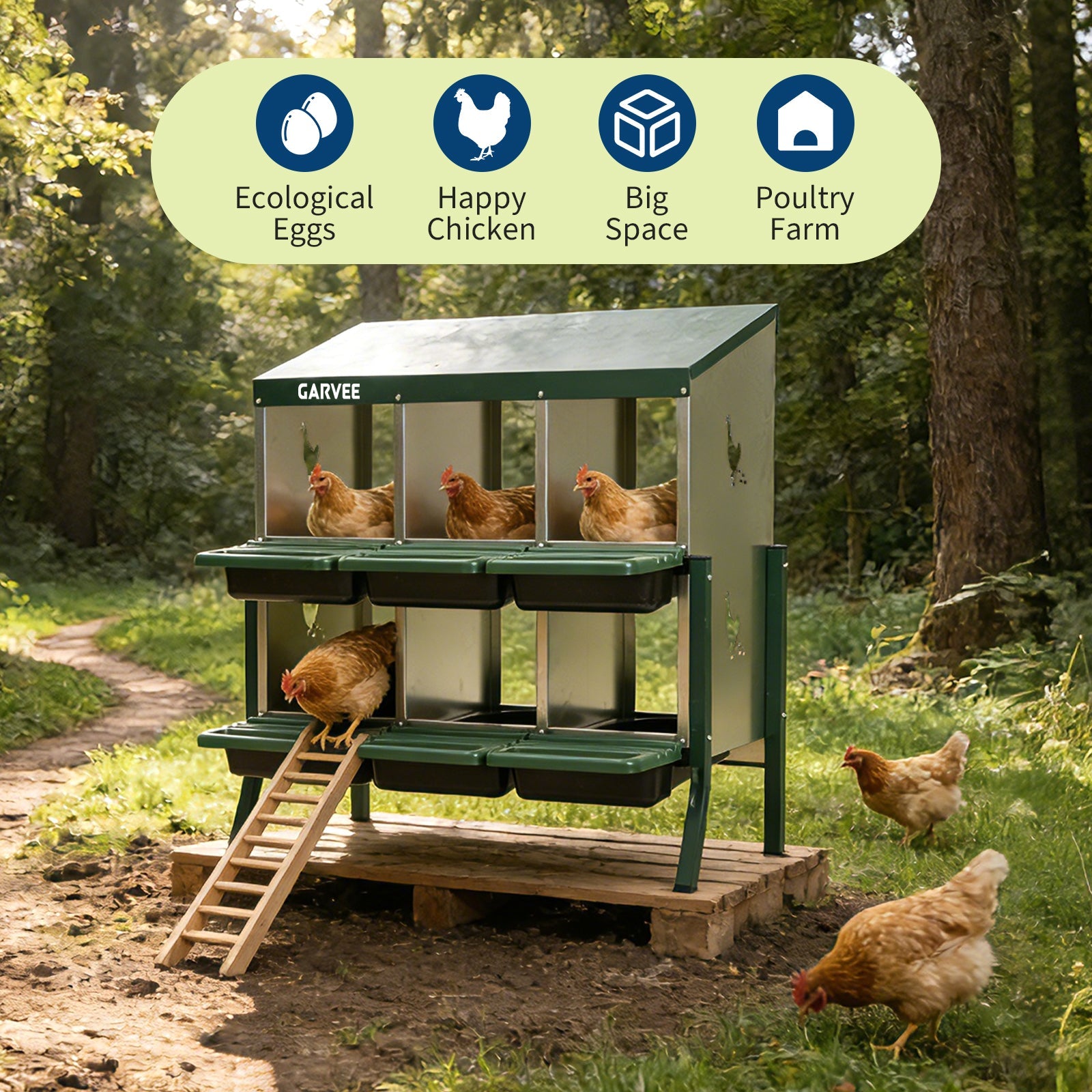 Garvee 6 Compartment Metal Chicken Nesting Box – Heavy Duty, Ventilated, Removable Tray & Perch, Easy Clean, Efficient Egg Collection for Hens, Ducks, Geese – Green with Chicken Design – Size: 6 Compartments, Color: Green (Side Chicken Design)