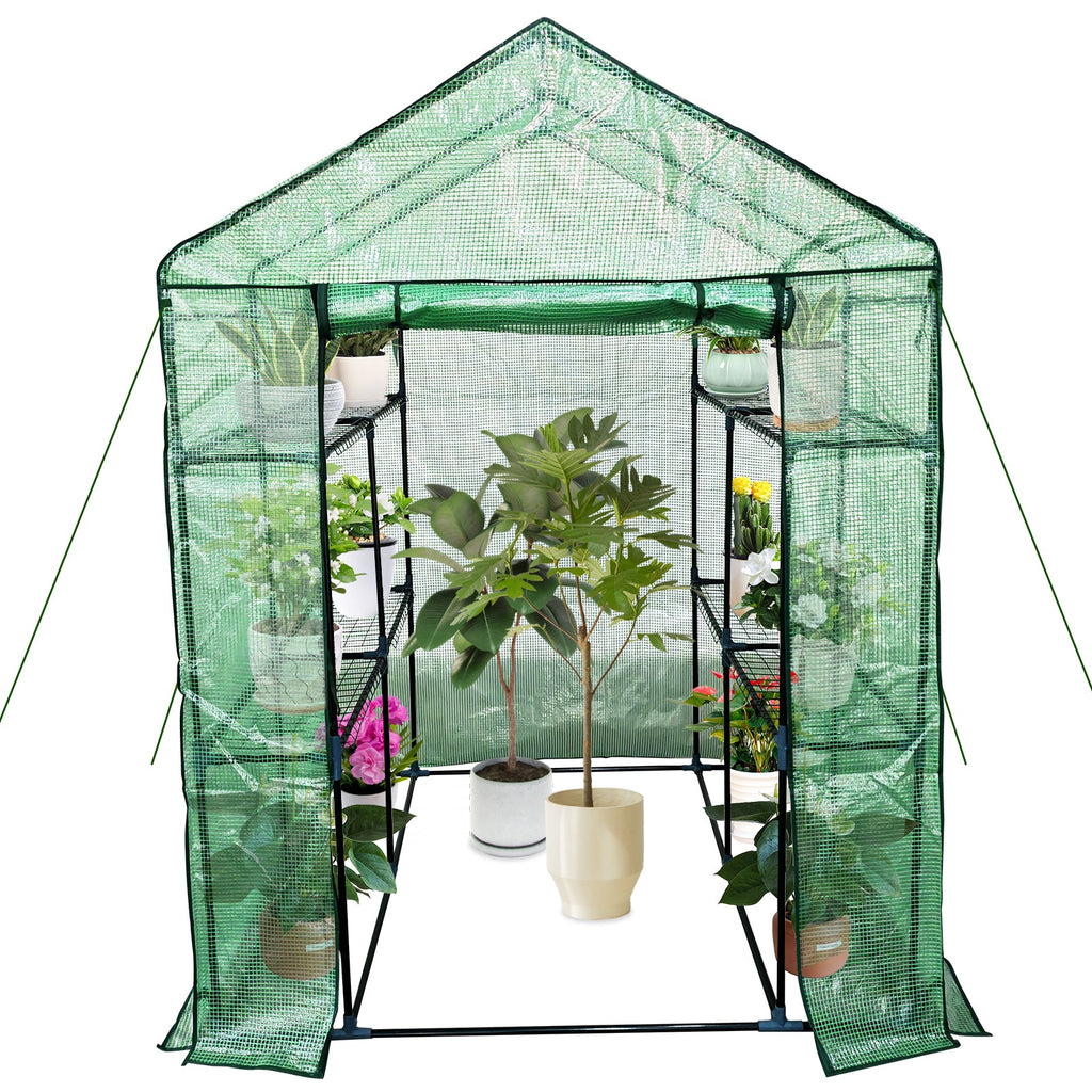 Garvee Walk-In Greenhouse 56 × 56 × 75 in, 6-Shelf Portable Green House with 140 g/m² PE Cover, Steel Frame and Roll-Up Zipper Door for Patio, Garden and Backyard, Green