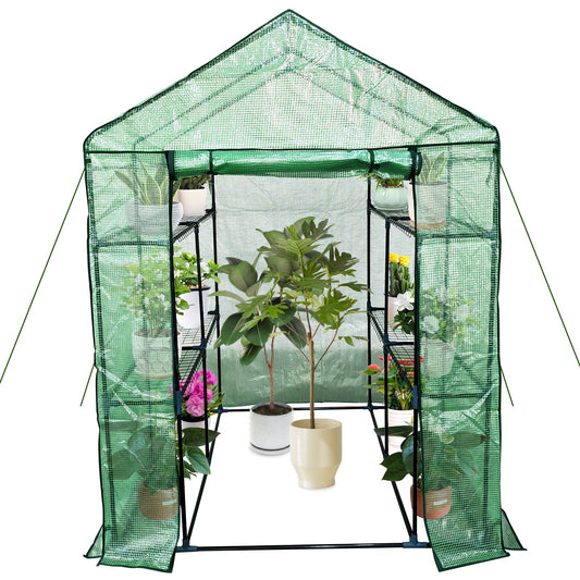 Garvee Walk-In Greenhouse 56 × 56 × 75 in, 6-Shelf Portable Green House with 140 g/m² PE Cover, Steel Frame and Roll-Up Zipper Door for Patio, Garden and Backyard, Green