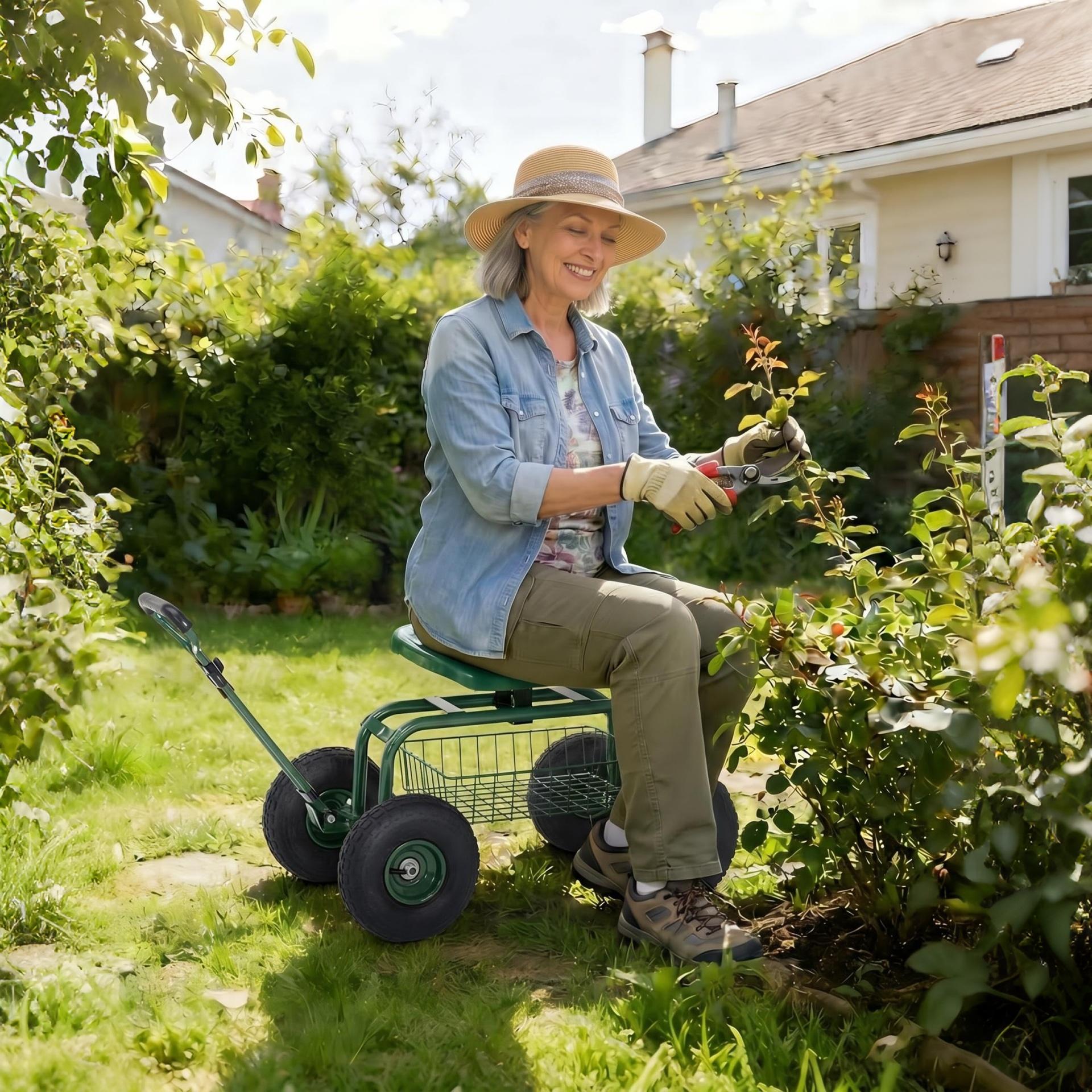Garvee Green Rolling Garden Work Seat with Wheels, 360° Swivel Gardening Cart with Extendable Steering Handle, Tool Tray, Storage Basket & 10" Inflatable Tires, 400 lb Capacity Garden Scooter for Yard, Patio & Outdoor Use