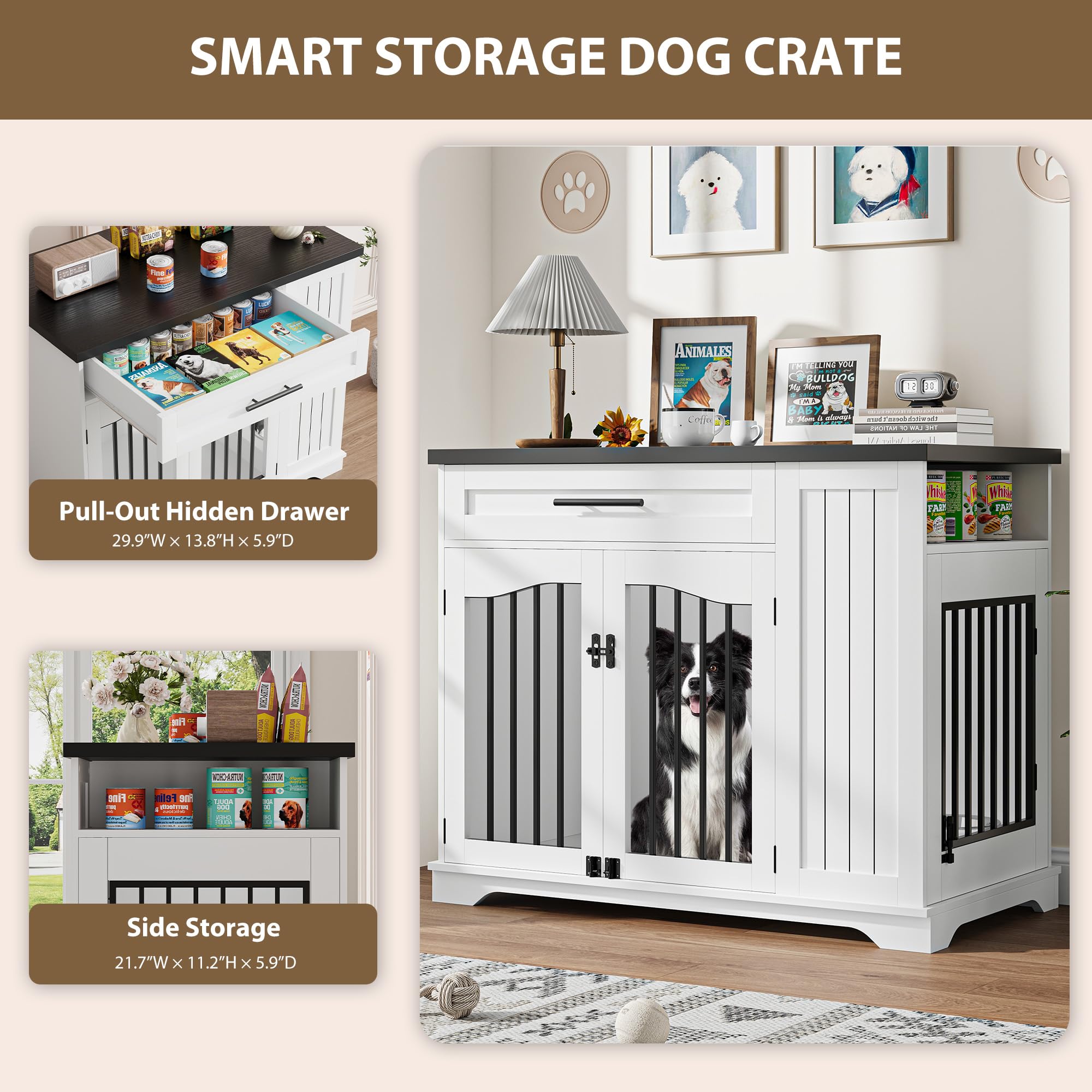 Garvee Wooden Indoor Dog Crate Furniture with Drawer & Lockable Doors, Heavy Duty Indoor Dog Kennel End Table with Feeding Bowls & Storage for Small Medium Large Dogs, White & Walnut