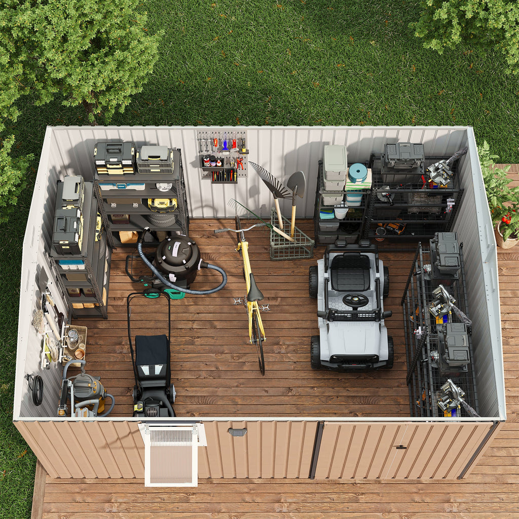 Garvee Metal Outdoor Storage Shed 10 ft x 12 ft – Heavy-Duty Lockable Garden Storage Cabinet with Doors & Windows, Weather-Resistant for Patio, Lawn & Backyard, Brown & Black