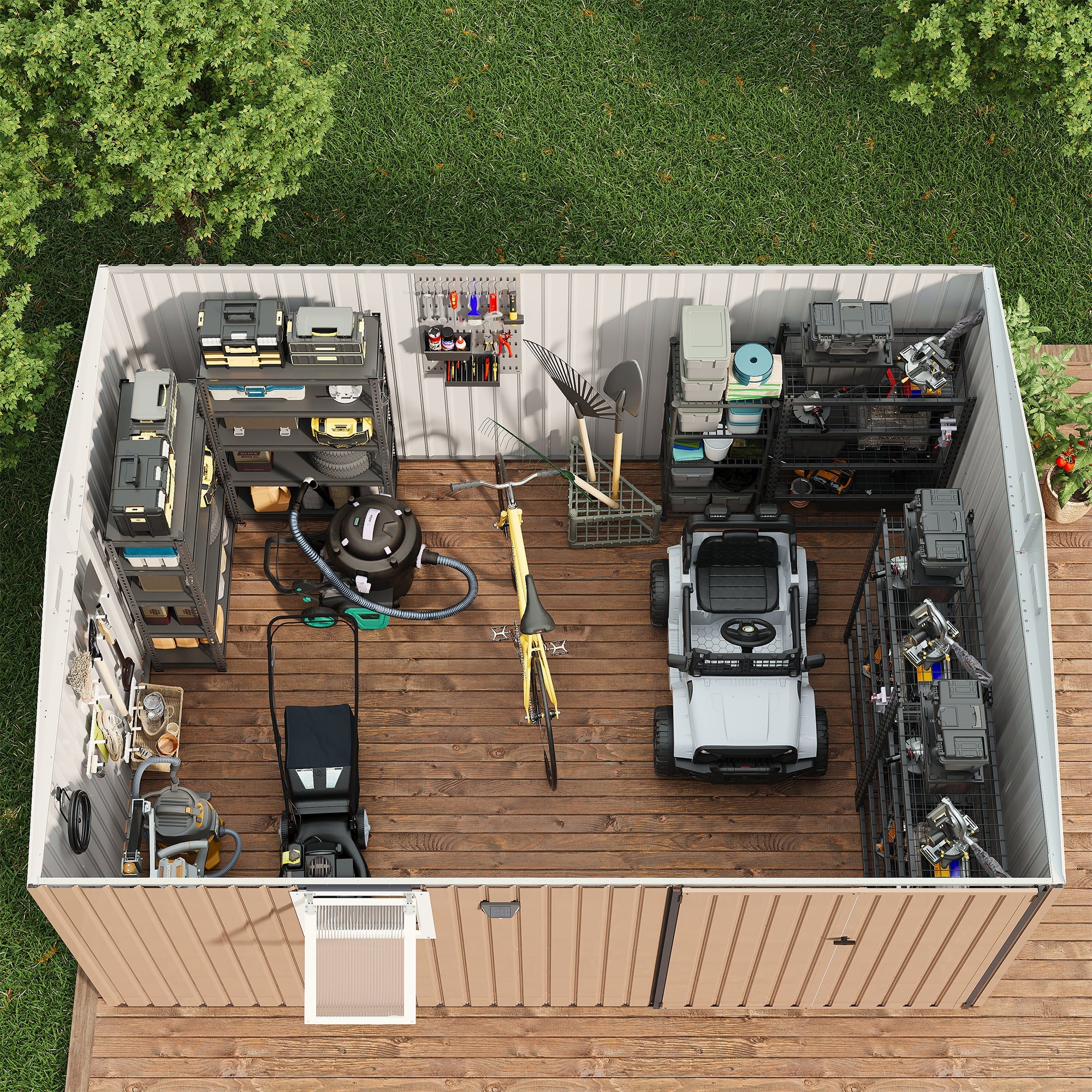 Garvee Metal Outdoor Storage Shed 10 ft x 12 ft – Heavy-Duty Lockable Garden Storage Cabinet with Doors & Windows, Weather-Resistant for Patio, Lawn & Backyard, Brown & Black