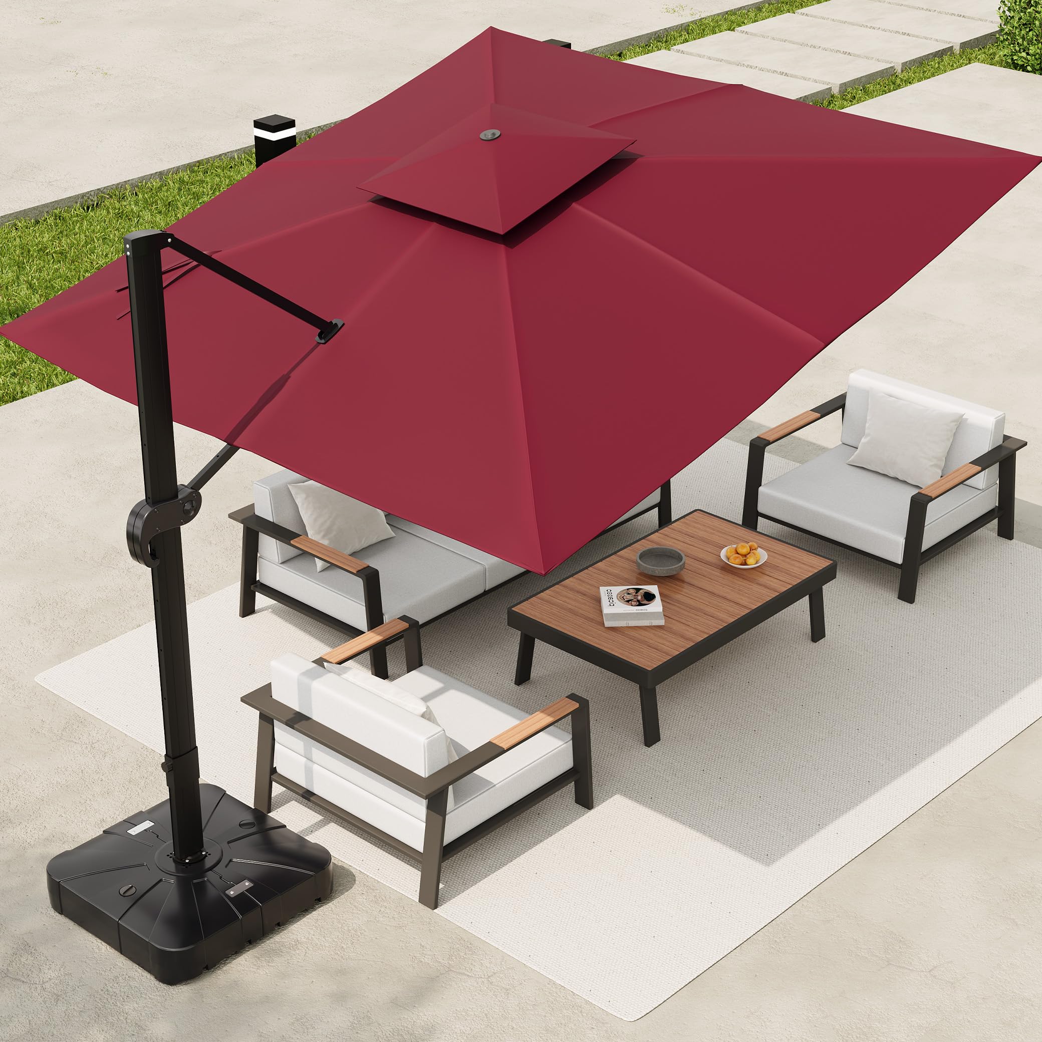 Garvee 10' × 10' Cantilever Patio Umbrella, 360° Rotating Aluminum Offset Umbrella with Adjustable Height, Burgundy Red, Base Not Included