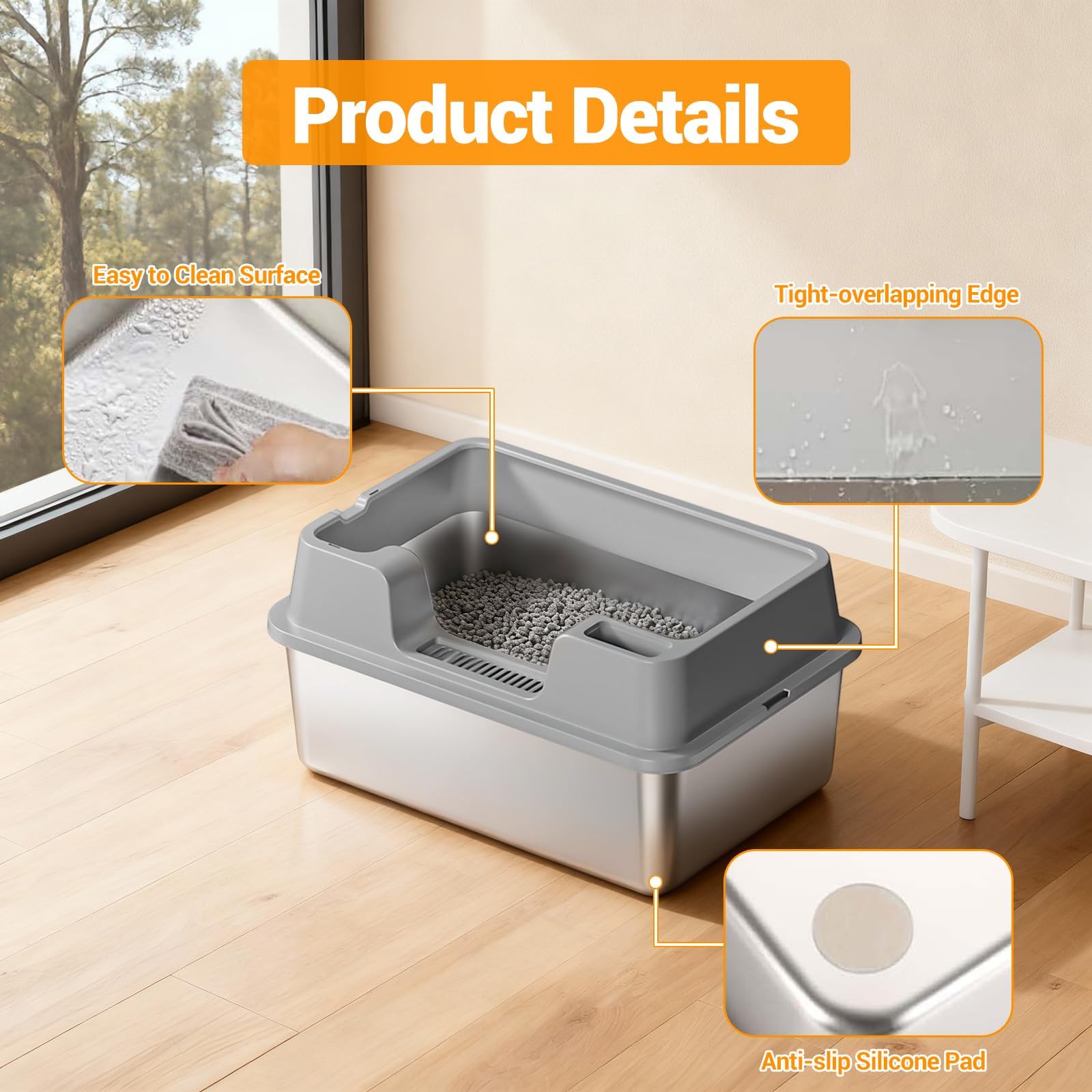Garvee Stainless Steel Cat Litter Box, High Side Litter Box with Non-Stick, Scoop & Odor-Resistant, Metal Cat Pan for Multiple Cats, Rabbits & Small Pets, Easy to Clean, Gray
