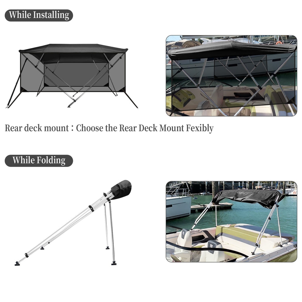 Garvee 4 Bow Bimini Top for Boats – Marine-Grade 600D PU-Coated Canvas, Translucent Side Curtains, 1" Aluminum Frame, Zippered Side Panels, Straps, Rear Support Poles – Black – Size: 8'L x 54"H x 67"-72"W – Black (translucent side curtain version)