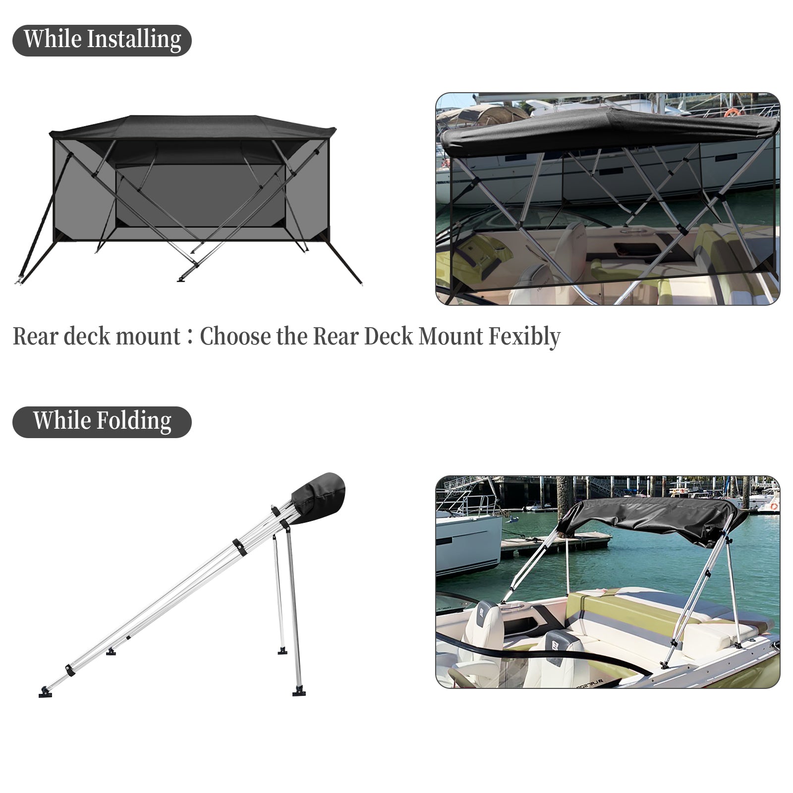 Garvee 4 Bow Bimini Top for Boats – Marine-Grade 600D PU-Coated Canvas, Translucent Side Curtains, 1" Aluminum Frame, Zippered Side Panels, Straps, Rear Support Poles – Black – Size: 8'L x 54"H x 67"-72"W – Black (translucent side curtain version)