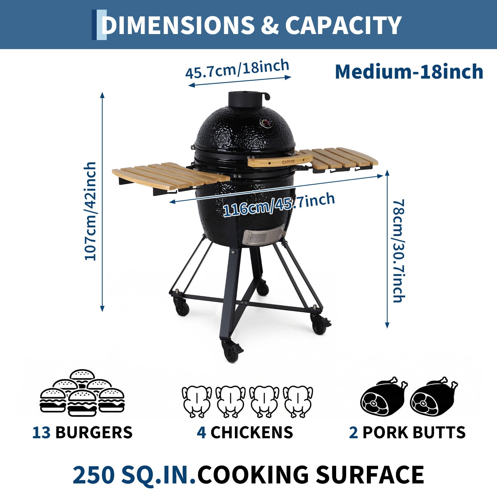 Garvee 18" Ceramic Kamado Grill, 250 Sq.In. Charcoal BBQ Grill and Smoker with AMP Firebox, Cast-Iron Top Vent and Slide-Out Ash Drawer - Black