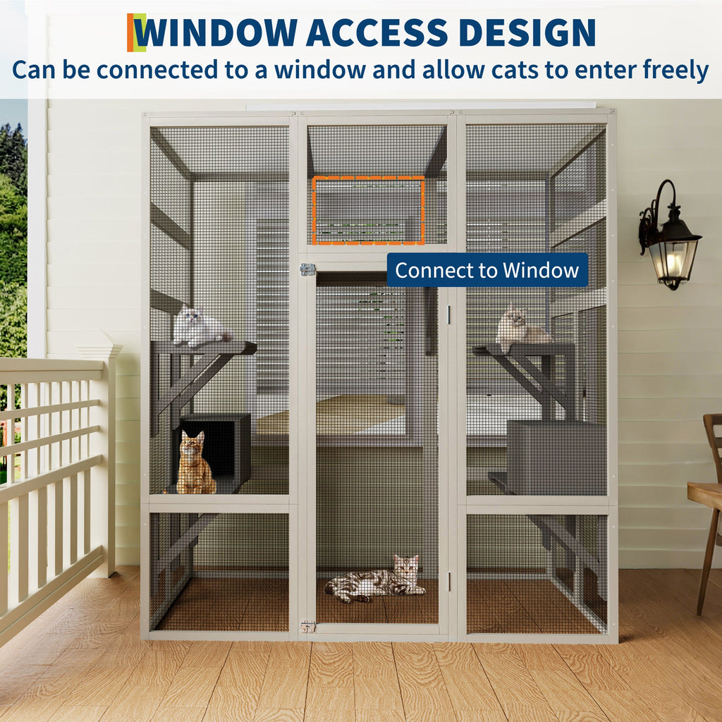 Garvee 70" Large Outdoor Catio Cat Enclosure, Wood Cat Patio with Waterproof UV-Resistant Roof, Cats Shelter with 5 Platforms and 2 Resting Box, and Secure Rust-Proof Wire for Backyard or Patio