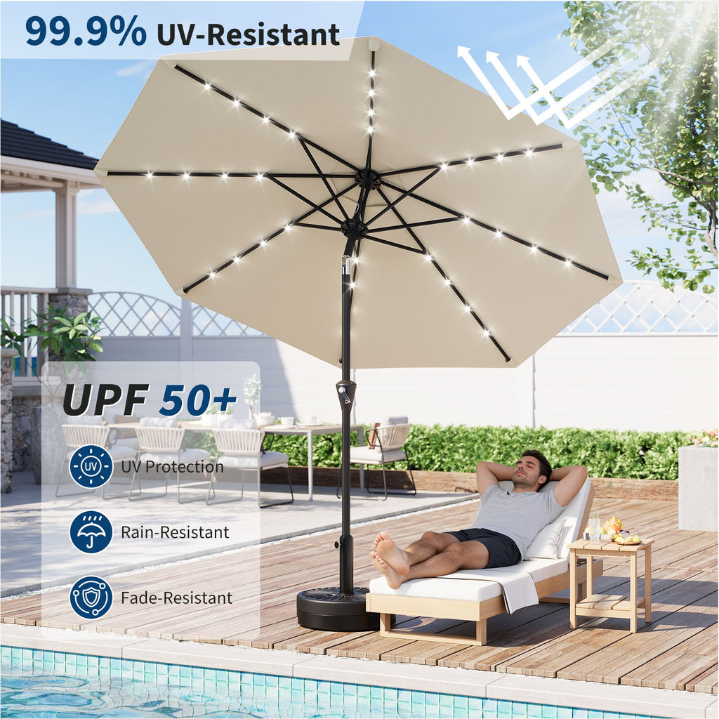 Garvee 9FT Solar LED Patio Umbrella, Waterproof Outdoor Market Table Umbrella with 8 Ribs, Crank Lift, Push Button Tilt, UV Protection for Garden, Pool & Deck, Beige