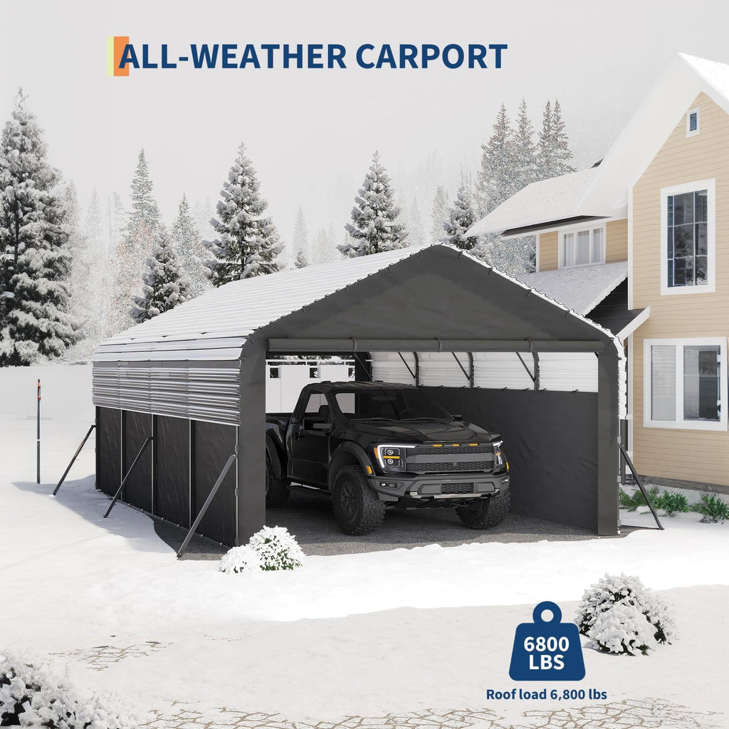 Garvee Heavy Duty 12x20 ft Enclosed Metal Carport – All-Weather Steel Shelter, Waterproof 220g Tarp, Gable End Doors & Sidewalls – Storage for Full-Size Trucks, Boats, Tractors – Single Box, Under 50KG