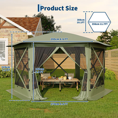 Garvee 10' x 12' Pop Up Screen Tent, 6-Sided 300D Oxford Screen House with Removable Canopy, UPF 50 Waterproof Camping Gazebo, Army Green