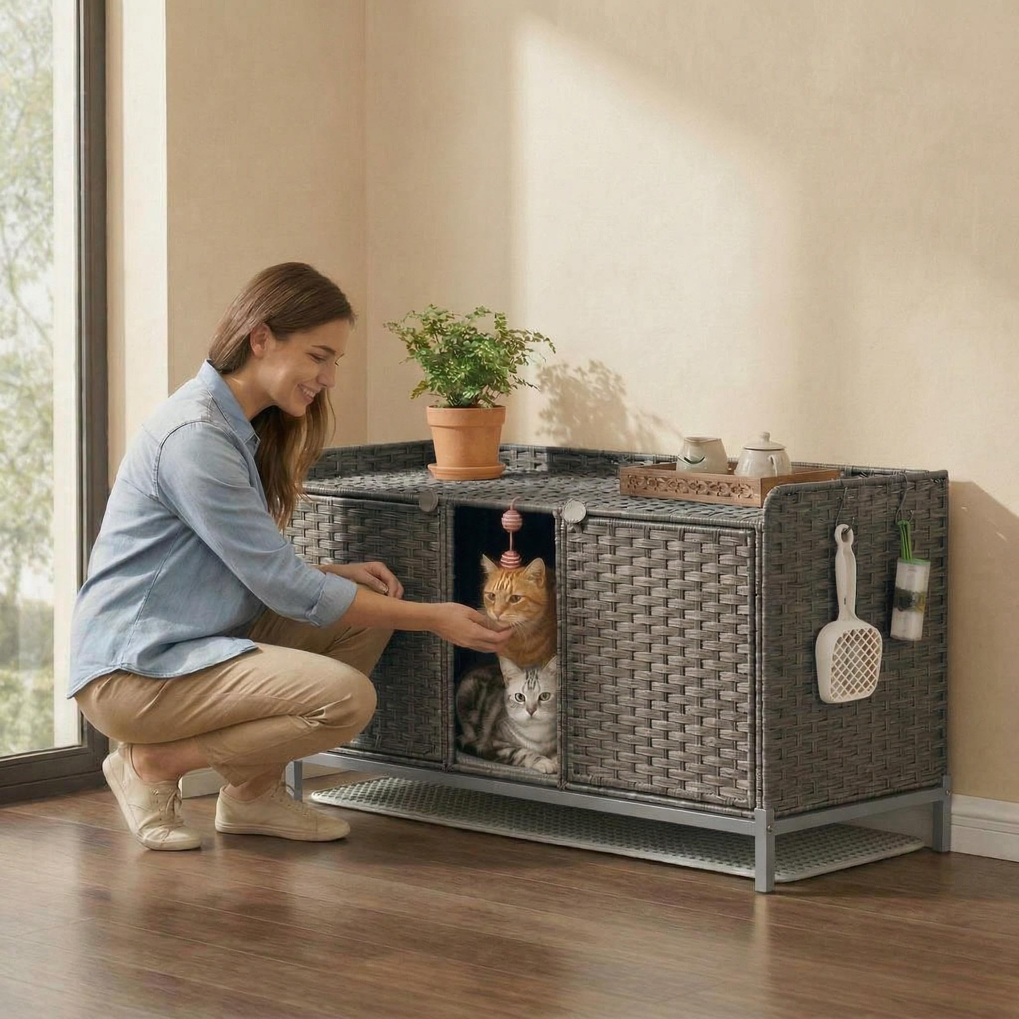 Garvee Handwoven Rattan Cat Litter Box Enclosure - Hidden Cat Washroom Cabinet with Door, Mat & S-Shaped Hooks - Spacious Stylish Cat Furniture for Living Room or Bedroom - Gray