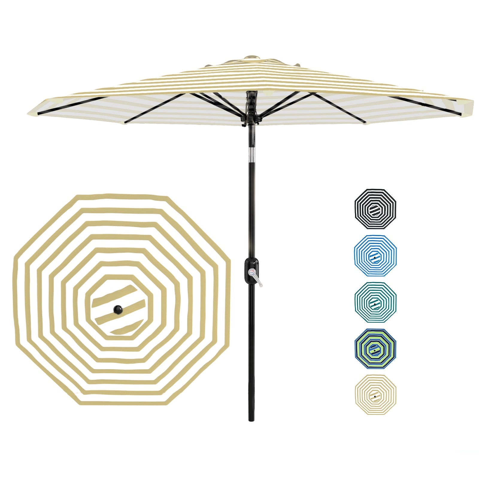 Garvee 9 ft Outdoor Patio Umbrella with 8 Sturdy Ribs, Crank Lift, Push-Button Tilt & UV-Resistant Waterproof Canopy for Pool, Deck, Yard & Garden, Tan & White Stripes