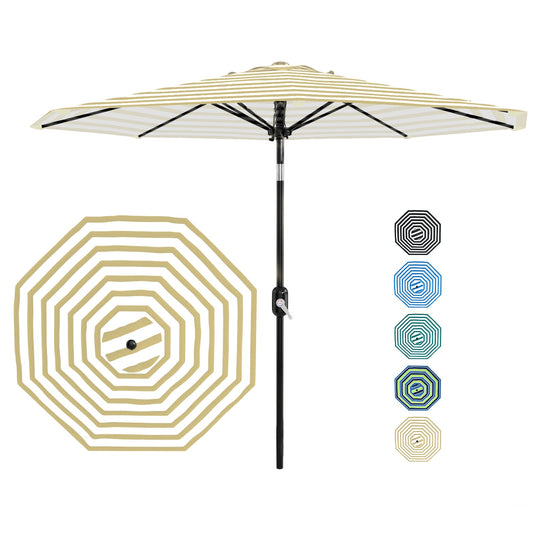 Garvee 9 ft Outdoor Patio Umbrella with 8 Sturdy Ribs, Crank Lift, Push-Button Tilt & UV-Resistant Waterproof Canopy for Pool, Deck, Yard & Garden, Tan & White Stripes