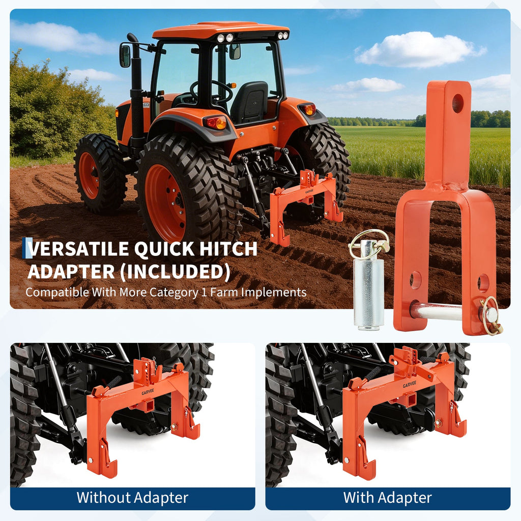 Garvee Heavy-Duty 3-Point Quick Hitch Adapter with 2" Receiver – Reinforced Rib – 3000 lbs Lift – No Bushing Needed – 5-Level Adjustable Bolt – Category 1 Tractor Attachment – Durable Metal – Orange Powder Coated Finish