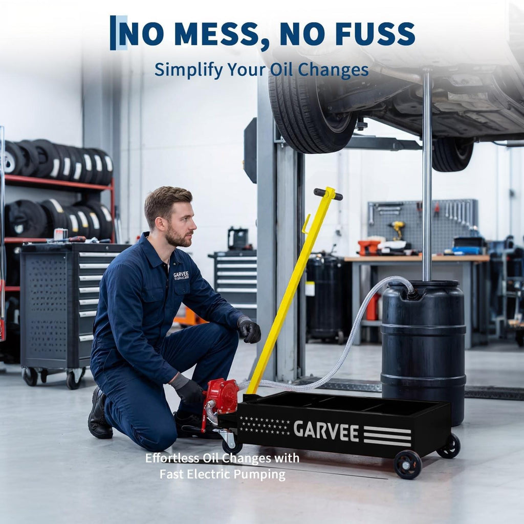Garvee Heavy Duty Manual Oil Drain Pan Cart – 15 Gallon Low Profile Steel Reservoir, 8 Ft Hose, Folding Handle, Ideal for Trucks and Vehicles – Waistline Version | Black | Manual | 15 Gallons | 8 Feet Hose