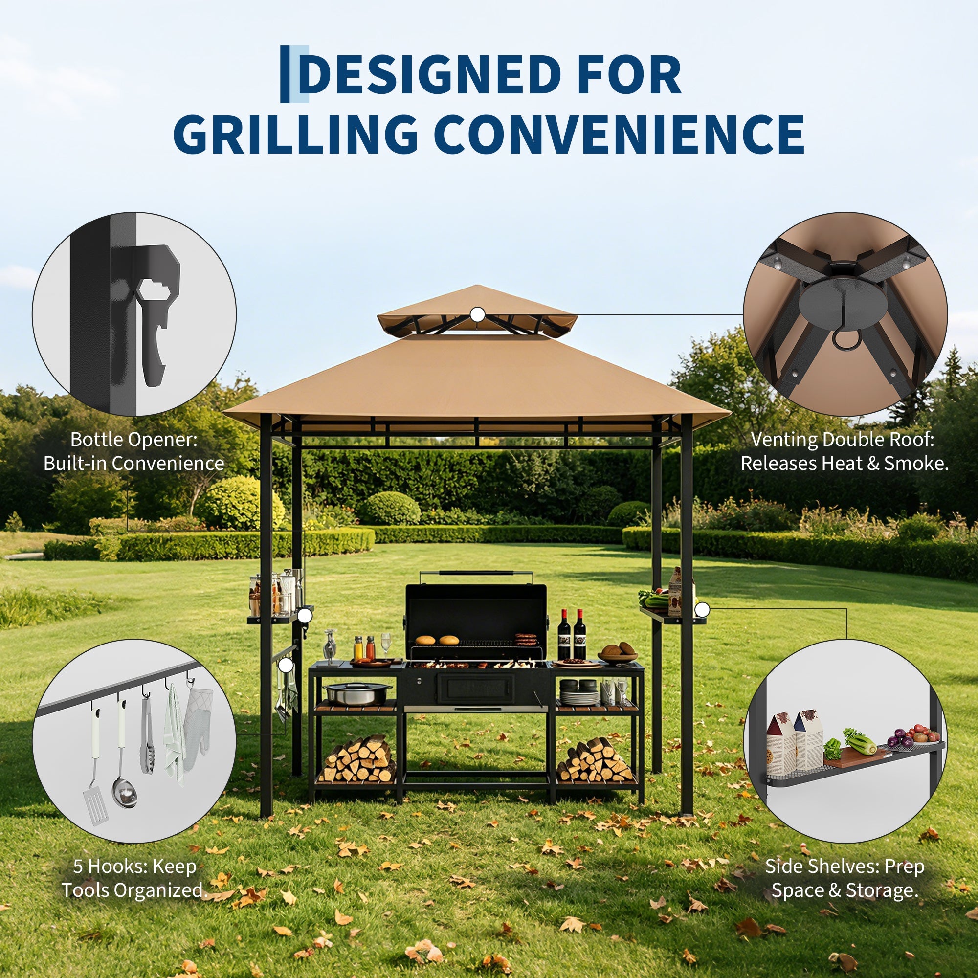 Garvee 8' x 5' Double-Tier Grill Gazebo, Waterproof BBQ Canopy Shelter with Vented Roof, 2 Side Shelves, 5 Hooks, Bottle Opener & UPF 100 UV Protection, Heavy-Duty Outdoor Patio Pavilion, Khaki