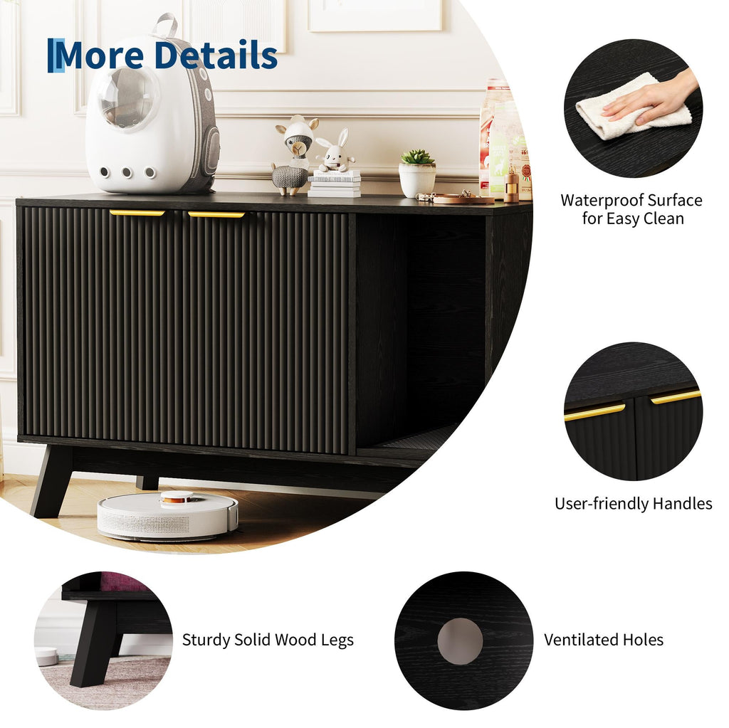 Garvee Cat Litter Box Enclosure Hidden Litter Box Furniture with Scratch Pad Cat House Wooden Cat Washroom Cabinet 2-in-1 for Living Room, Hallway, Black