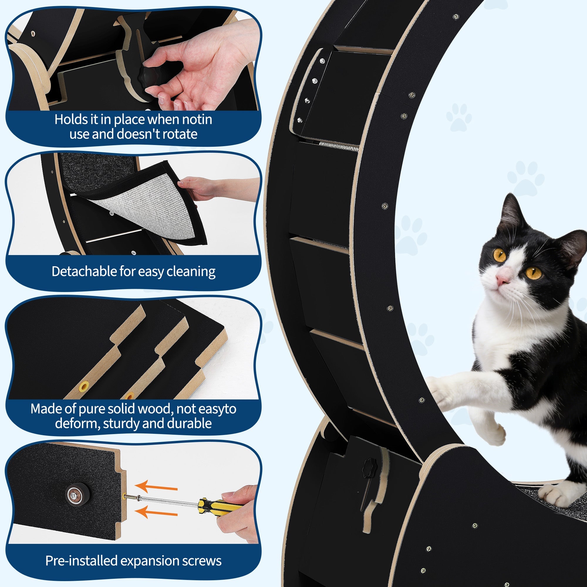 Garvee Large Wooden Cat Exercise Wheel Treadmill, 39" Indoor Running Wheel with Detachable Carpeted Track – Ideal for Cat Fitness, Training, Weight Loss, Black