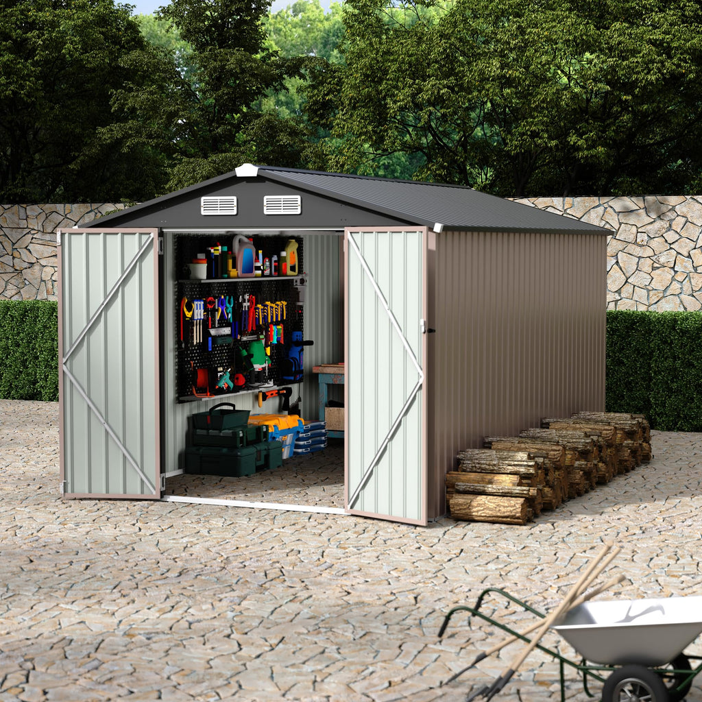 Garvee Spacious Metal Outdoor Storage Outdoor Storage – 8x12 FT Heavy Duty Garden Utility Outdoor Storage with Lockable Door, Air Vent, Windproof & Rainproof – Backyard, Patio, Lawn – Dark Colored Top + Brown Board