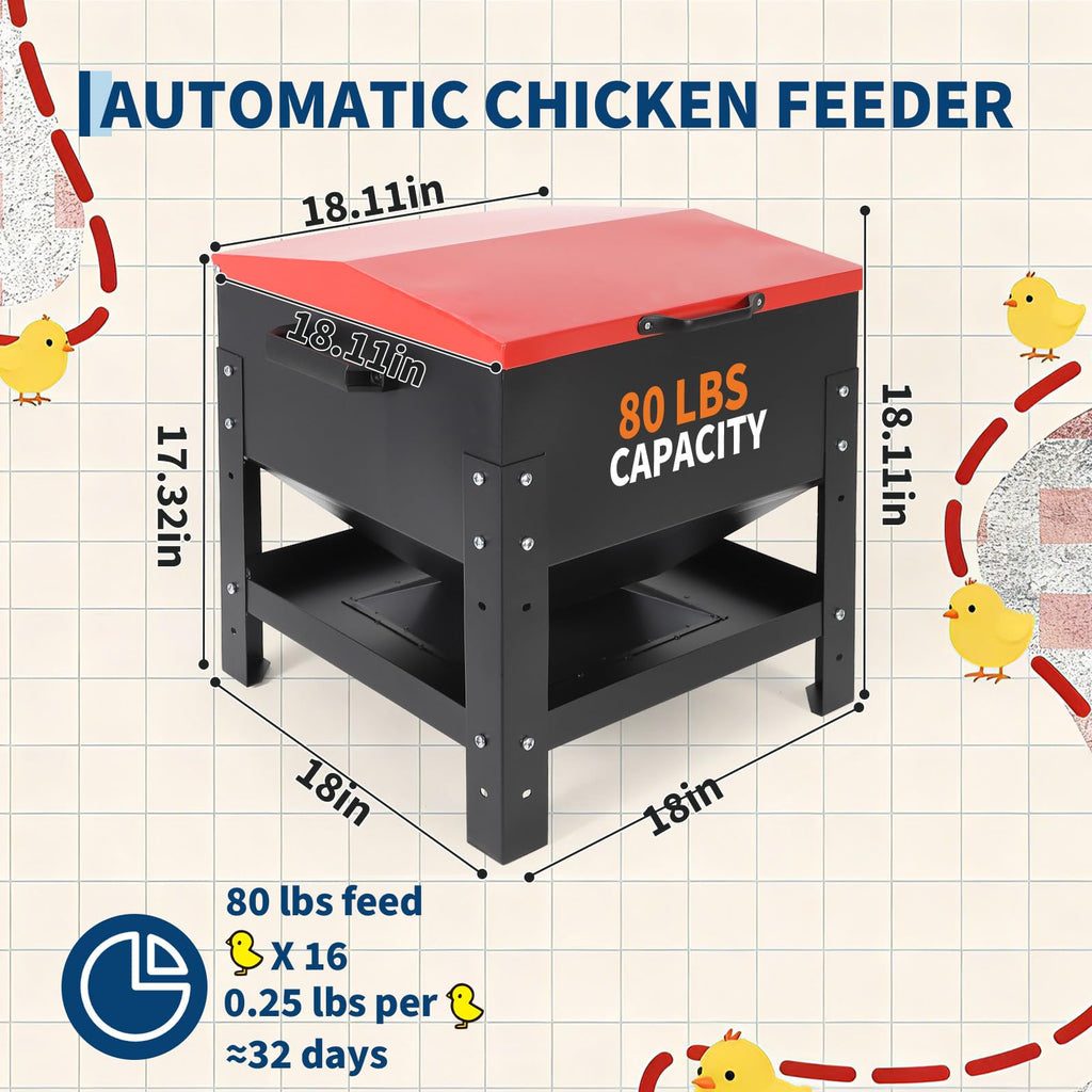 Garvee Metal Chicken Feeding Box, 80 lbs Large Capacity, Portable Galvanized Steel Feeder, Waterproof Lid, No Waste Automatic Poultry Feeder for Ducks, Hens and Roosters, Standing for Chicken Coop, Red