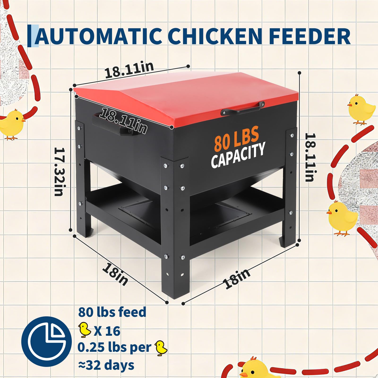 Garvee Metal Chicken Feeding Box, 80 lbs Large Capacity, Portable Galvanized Steel Feeder, Waterproof Lid, No Waste Automatic Poultry Feeder for Ducks, Hens and Roosters, Standing for Chicken Coop, Red