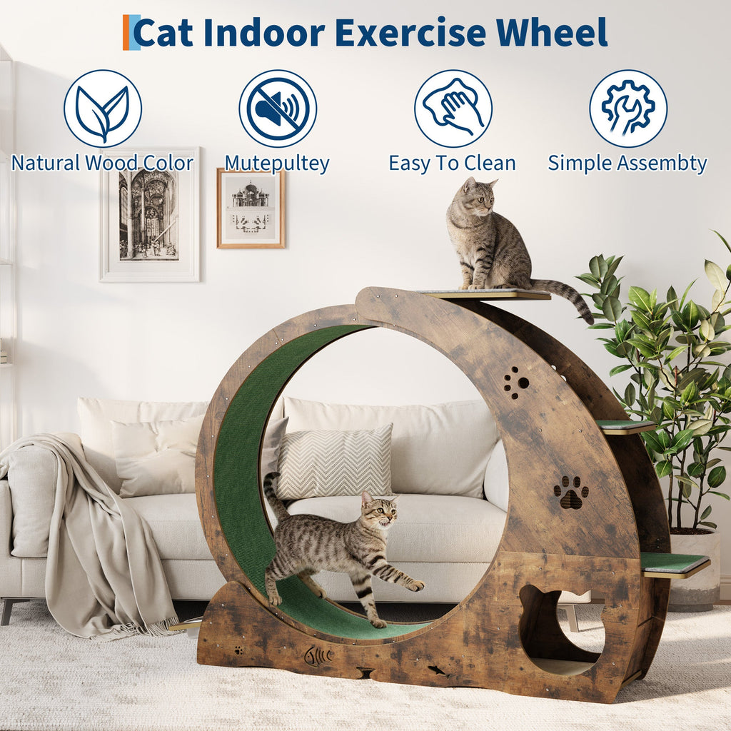 Garvee Large Cat Exercise Wheel for Indoor Cats - 3-Tier Climbing Tower with Built-in Graze Post & Carpeted Fashion Show - Quiet Spinner for Training & Obesity Prevention - Vintage Brown