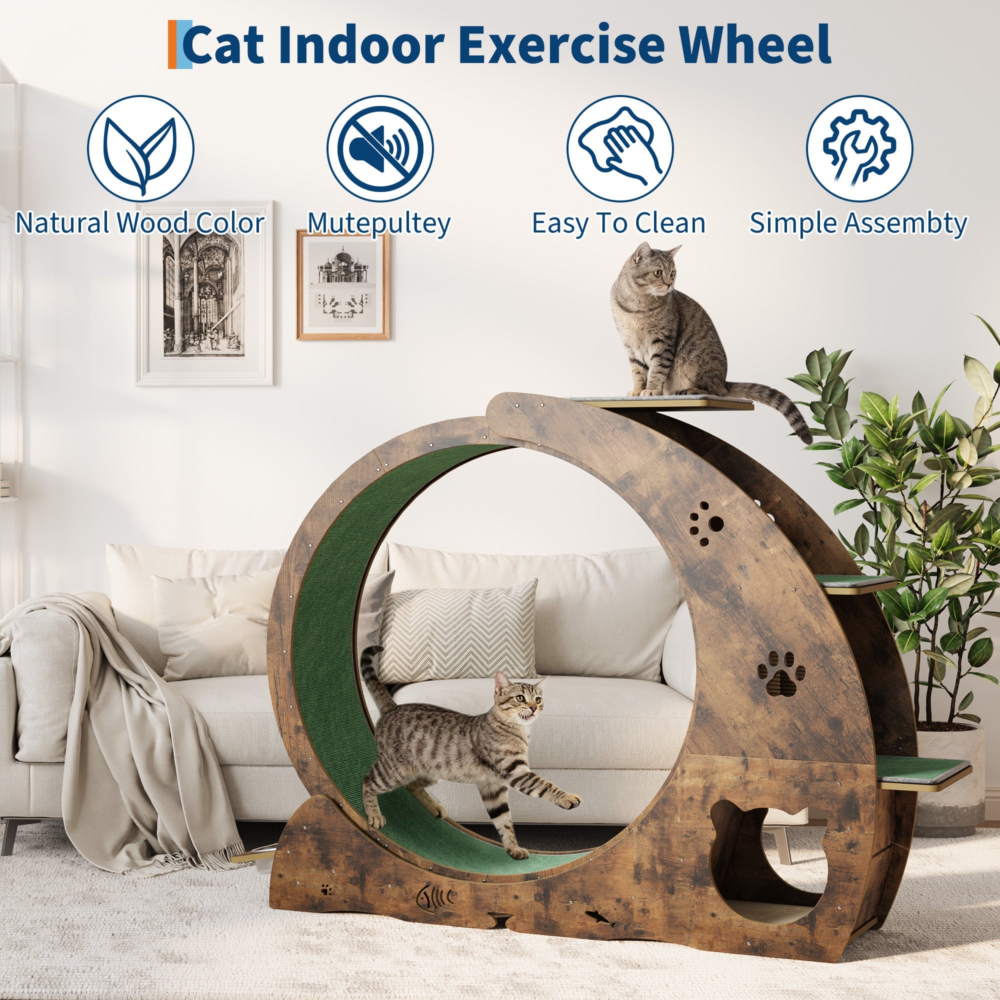 Garvee Large Cat Exercise Wheel for Indoor Cats - 3-Tier Climbing Tower with Built-in Graze Post & Carpeted Fashion Show - Quiet Spinner for Training & Obesity Prevention - Vintage Brown