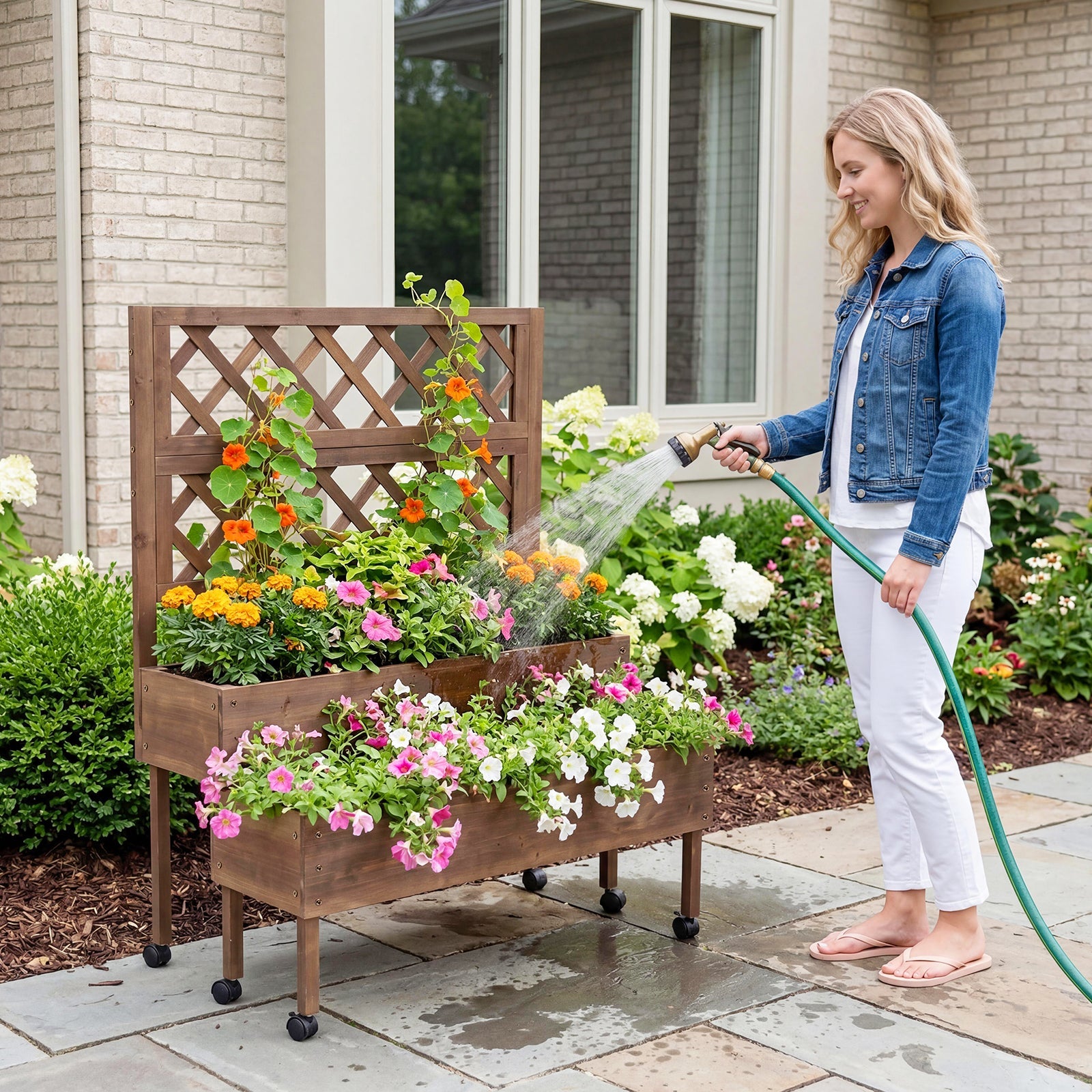 Garvee Raised Garden Bed with Trellis, 2-Tier Brown Wooden Planter on Wheels with Legs and Drainage Holes for Patio, Balcony and Backyard Gardening