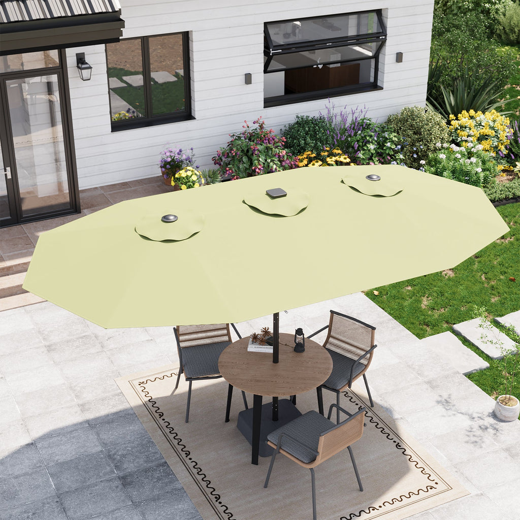 Garvee 15' Rectangular Patio Umbrella with Solar LED Lights & Base, Crank Handle UV-Resistant Outdoor Market Umbrella for Backyard, Pool & Patio, Green