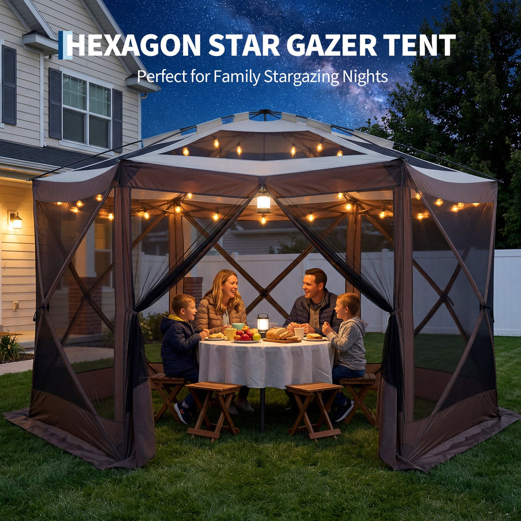 Garvee Screen Gazebo Tent, 13 x 13 FT 6-Sided Canopy for 8-10 People with 7.5 FT Height, Removable Sidewalls and Windows for Camping, Khaki and Beige