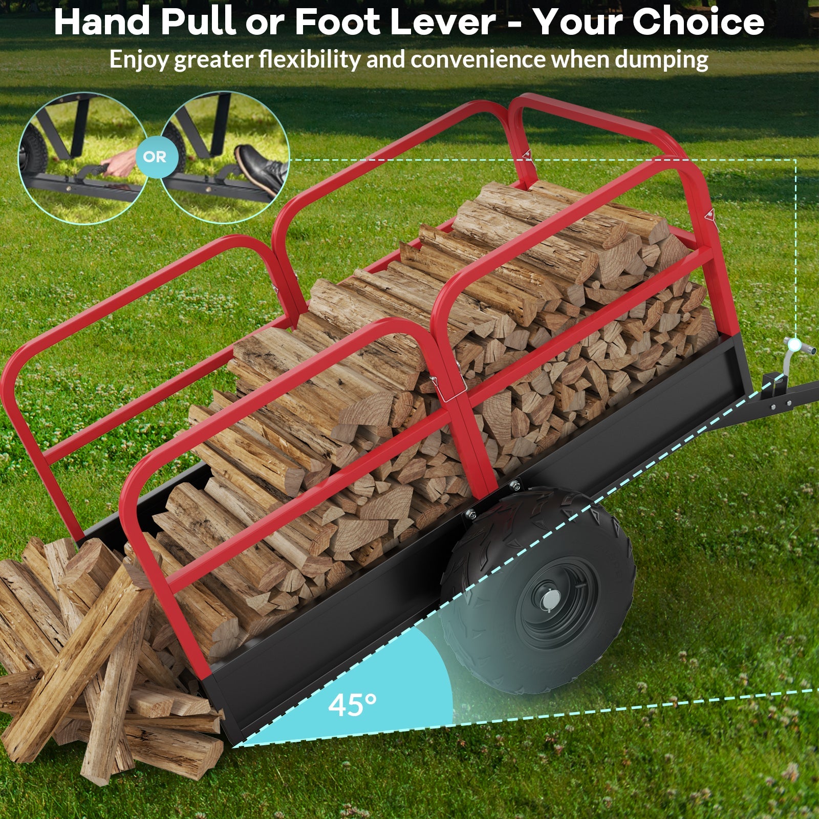 Garvee Tow-Behind Dump Cart, 1700 lb Capacity, 17 cu. ft. Steel Utility Trailer with 16" Pneumatic Tires, 45° Dump, Removable Sides and Tailgate for ATV, UTV and Lawn Tractor, Red