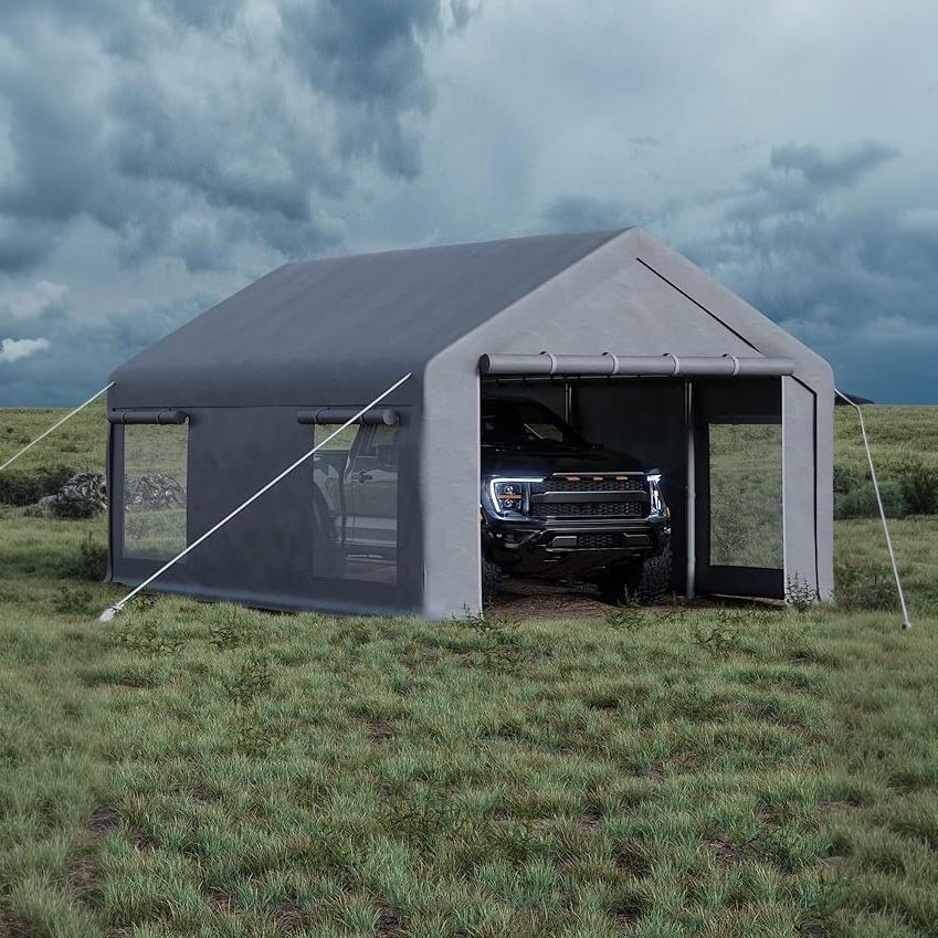 Garvee Portable Garage for Cars & Boats, 10 x 20 FT Steel Carport with 200G PE Canopy, 2 Roll-Up Doors, 4 Windows and Gray Cover