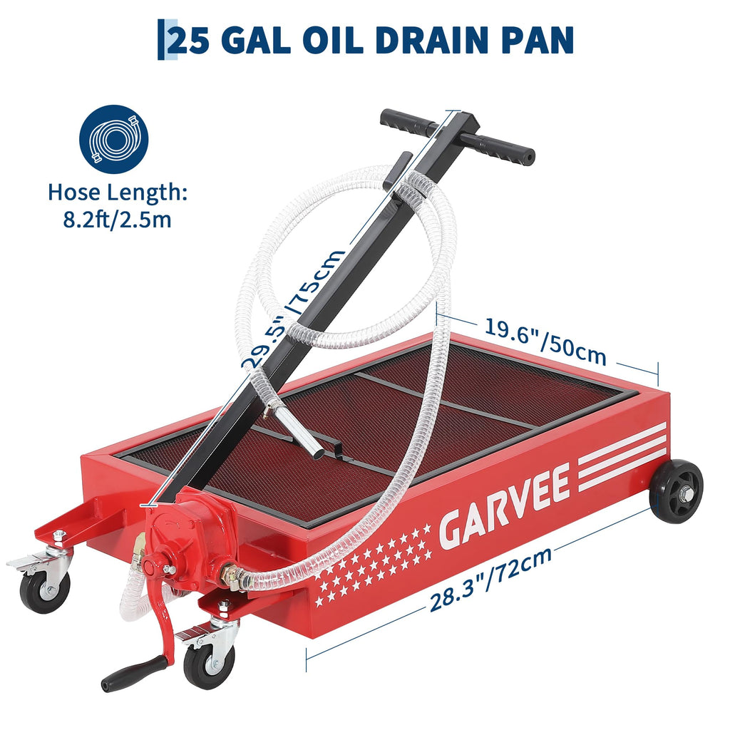 Garvee Heavy Duty Low Profile Oil Drain Pan with Manual Pump – 25 Gallon Capacity – 8ft Hose, Collapsible T-Handle, Lockable Swivel Casters, Rolling Cart – Automotive Waste Oil Container for Cars, SUVs, Trucks – Red Waistline Version | 25 gallons | manual