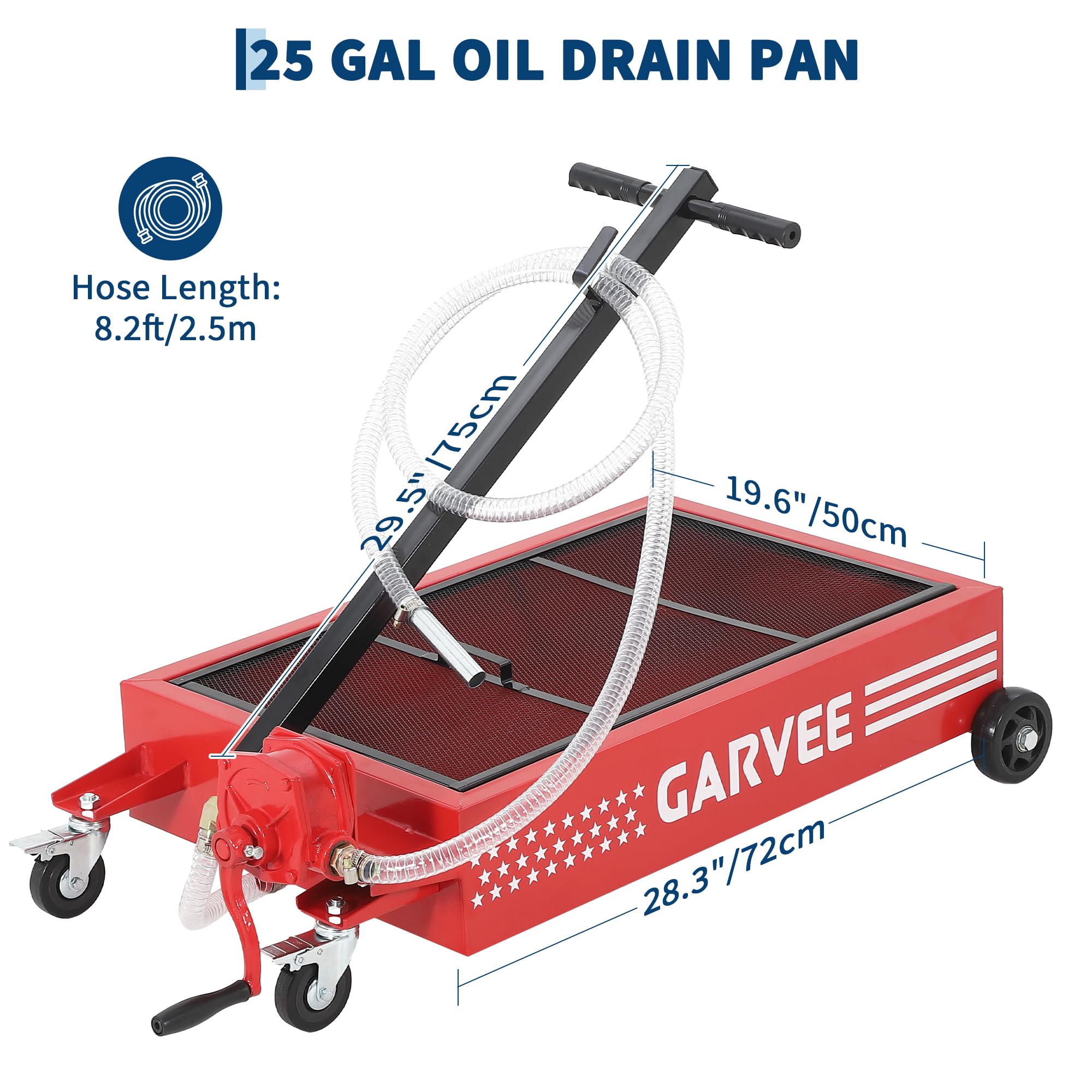Garvee Heavy Duty Low Profile Oil Drain Pan with Manual Pump – 25 Gallon Capacity – 8ft Hose, Collapsible T-Handle, Lockable Swivel Casters, Rolling Cart – Automotive Waste Oil Container for Cars, SUVs, Trucks – Red Waistline Version | 25 gallons | manual