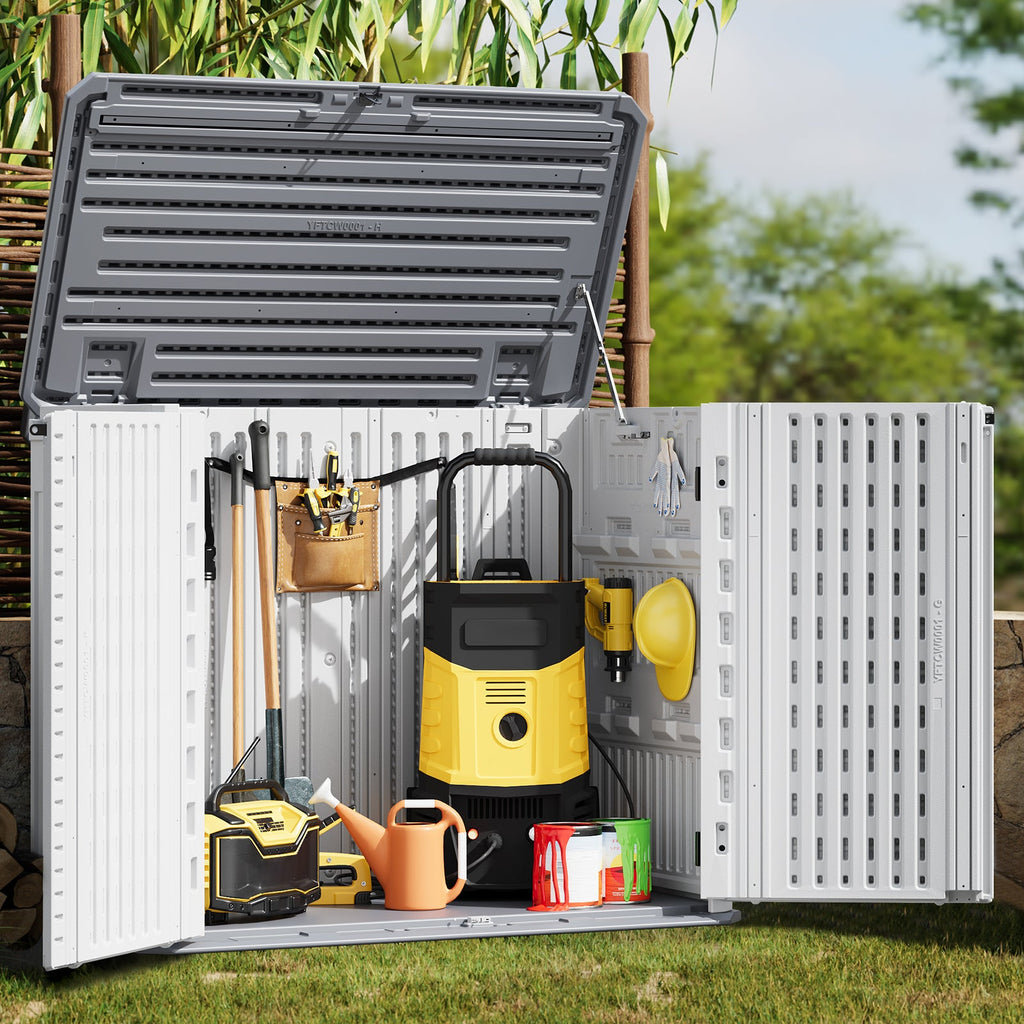 Garvee 34 Cu. Ft. Outdoor Resin Storage Shed, Waterproof HDPE Cabinet with Double Doors for Patio Tools, Cushions & Trash Cans, White