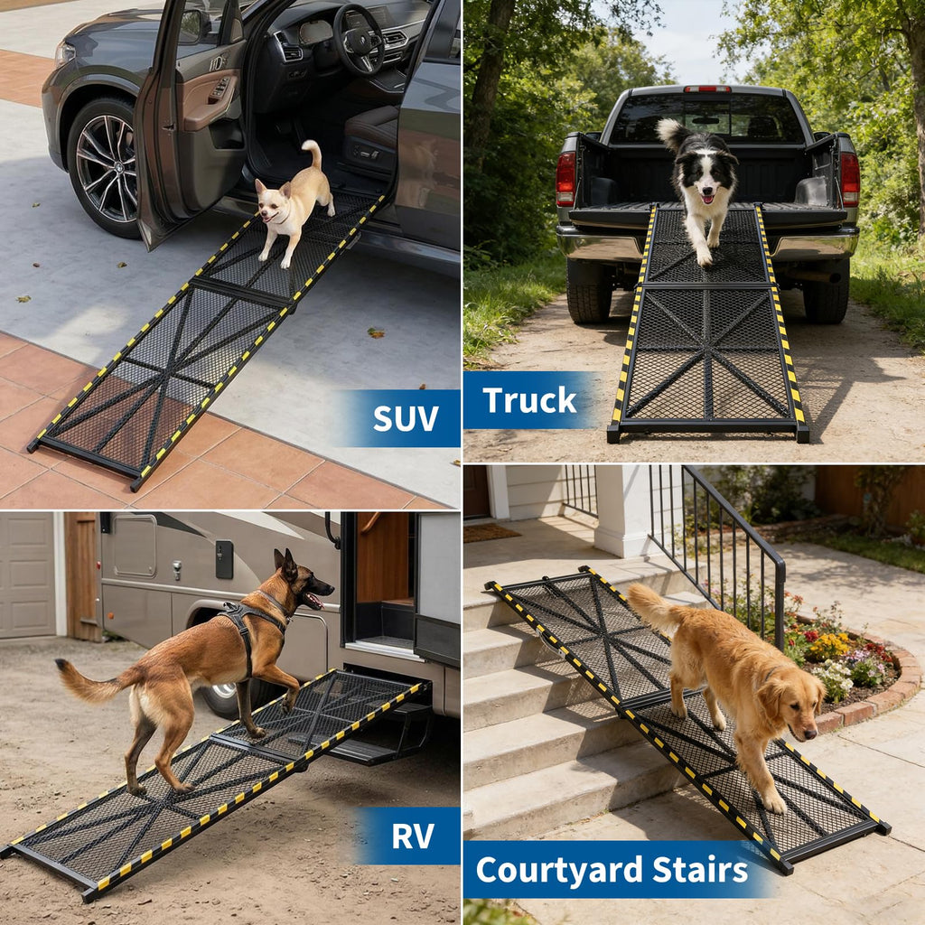 Garvee 63"×20" Portable Dog Ramp for Cars,  Heavy Duty Steel Folding Pet Ramp for Large Dogs with Anti-Slip Mesh Incline Access Car Ramp for SUV/Truck/RV, Outdoor Dog Ramp 300 lbs Capacity
