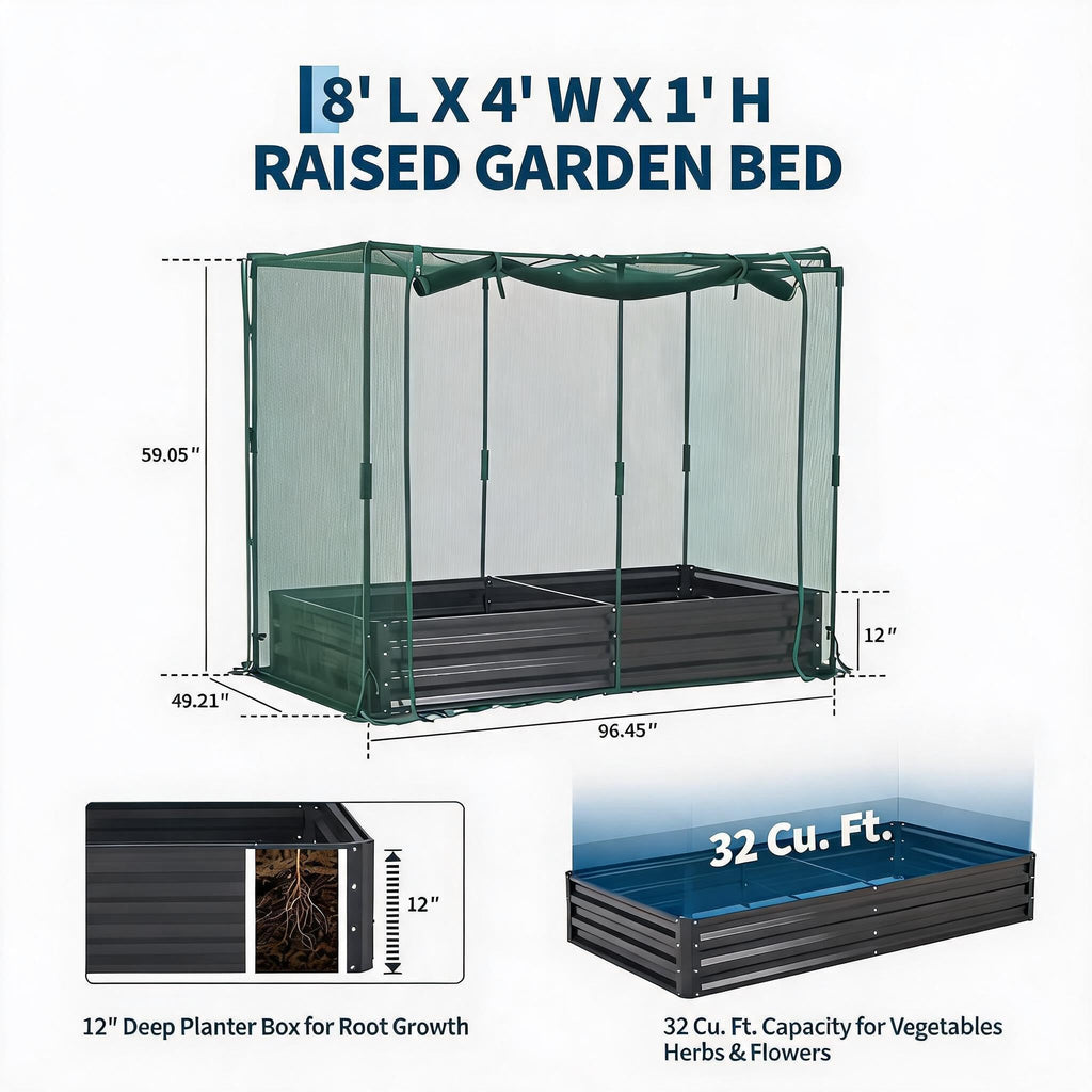 Garvee Raised Garden Bed for Vegetables & Herbs, 8 x 4 x 1 FT Galvanized Metal Planter with Mesh Cover, Bottomless Design and 4 Plant Signs, Black