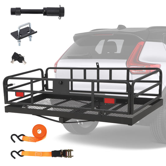 Garvee 500lbs Heavy Duty Collapsible Hitch Cargo Carrier – 60" x 24" x 14.9" Basket Rack with High Side Rails – Fits 2" Receiver for Truck, SUV, RV, Van – Ideal for Camping, Travel, Storage – Black