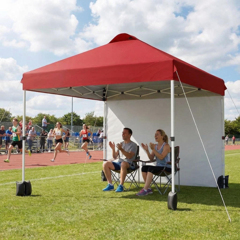 Garvee 10 × 10 FT Pop Up Canopy Tent, 150D Oxford Fabric, UPF 50+ Vented Roof, 1 Sidewall, 3 Adjustable Heights and Roller Bag for Outdoor Events, Red
