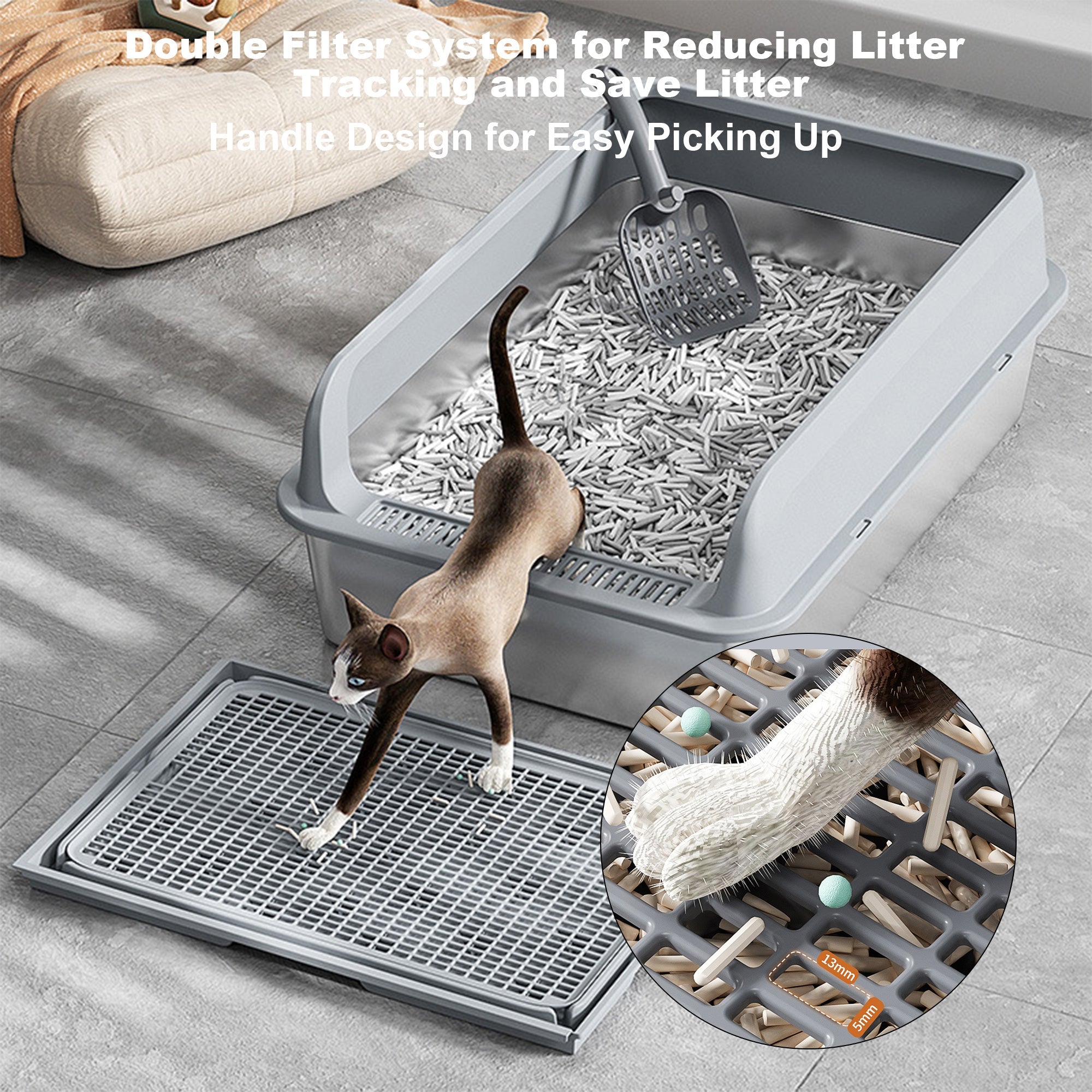 Garvee Stainless Steel Cat Litter Box with Lid, 23.6"x15.8"x9.8" Large Litter Box for Big Cats, Anti Leakage, Odor-Free & Easy Cleaning Metal Litter Pan Include Scoop, Non-Sticky with High Wall Sides-grey