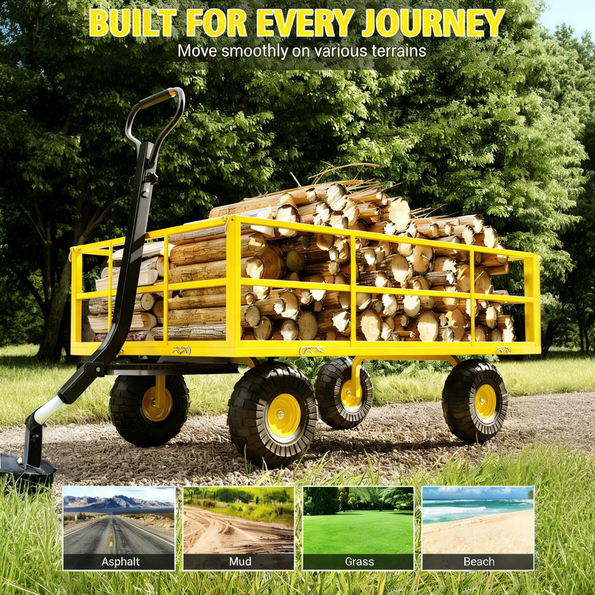 Garvee Garden Cart, 1200 lbs Heavy Duty Q235 Steel Utility Wagon with Removable Sides, 13" Tires and 180° Handle for Yard & Farm, Yellow