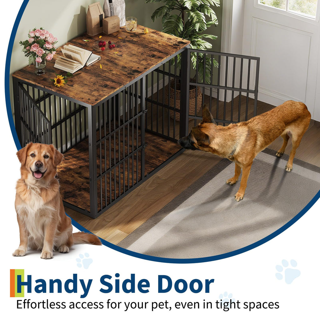 Garvee 47" Dog Crate Furniture, 3-In-1 Wooden Dog Kennel with 3 Lockable Doors, Heavy Duty Metal Frame & Sturdy Panels, Large End Table for Medium to Large Breeds, Brown & Black