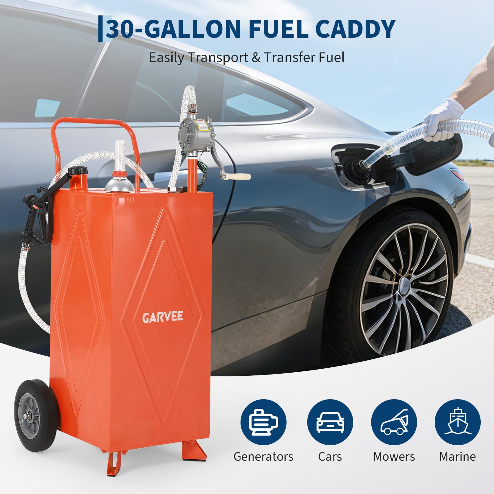 Garvee 35 Gallon Portable Fuel Gas Caddy – Reinforced 2-Wheel, 2-Support Design, Manual Rotary Pump, Fuel Hose, Level Gauge, Grounding Clamp, Wide Fill Neck, Vented Cap – Gasoline/Fuel Transfer Storage Tank for ATV, Tractor, Mower, Car, Boat – Reinforced