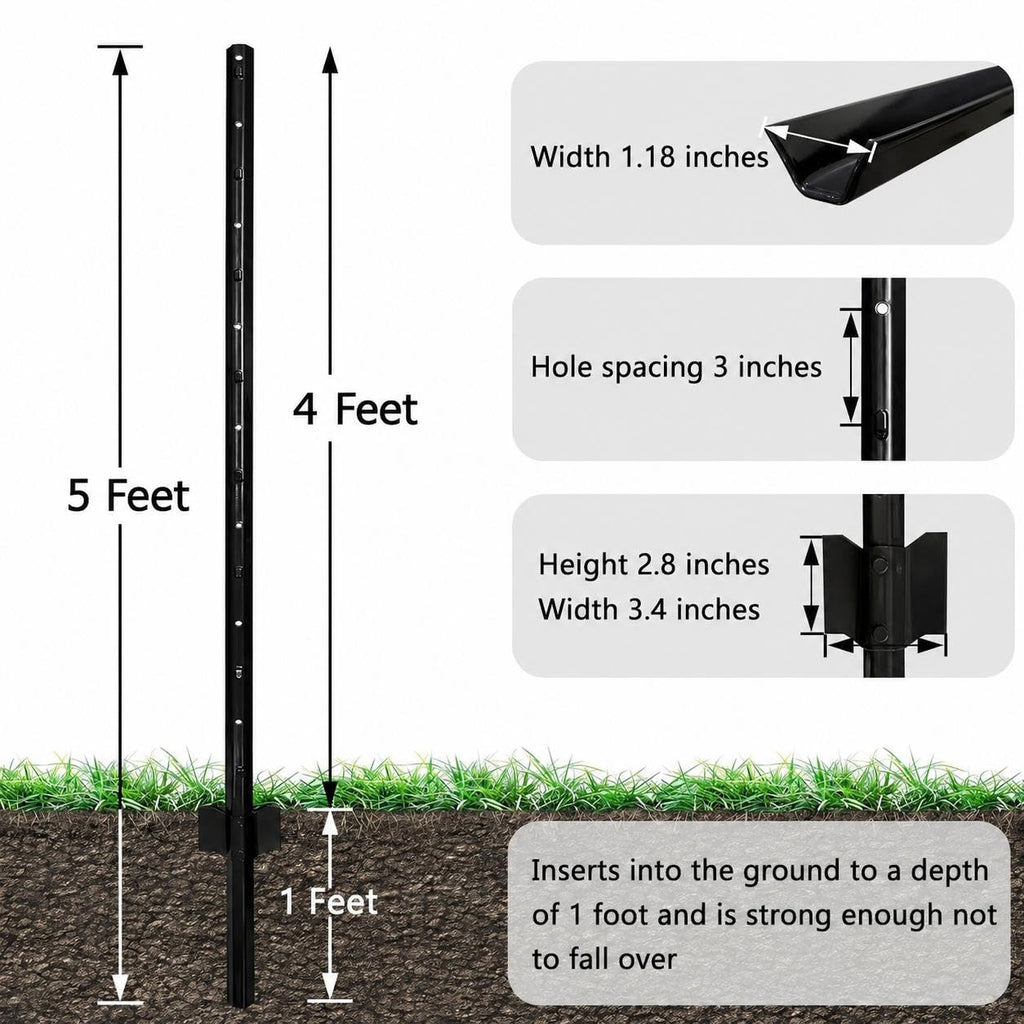 Garvee 5 ft Steel U-Channel Fence Posts, 10-Pack No-Dig Metal Stakes with Anchor Plates, Rust-Resistant Black Finish for Garden Yard Farm Wire Fencing
