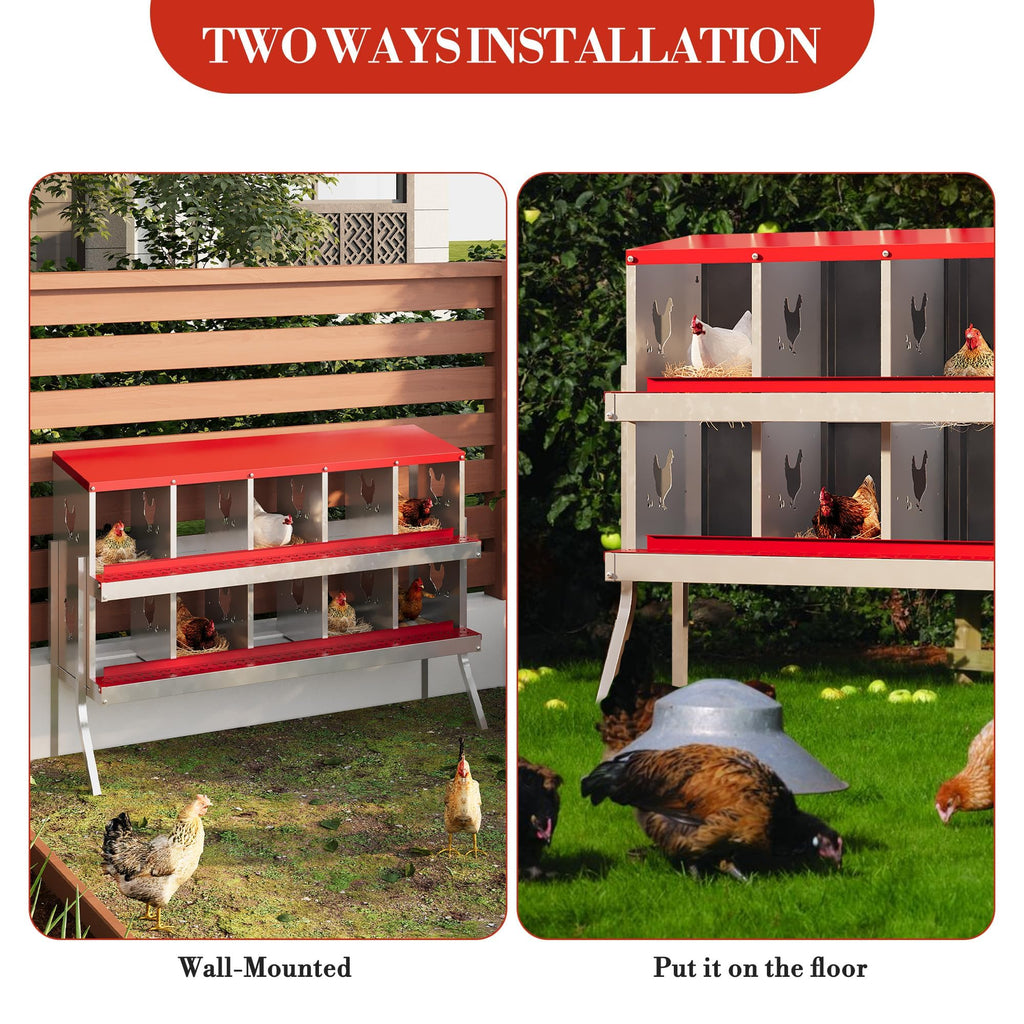 Garvee 10-Compartment Metal Chicken Nesting Box – Rustproof Roll-Away Egg Collection, Easy-Clean Ventilated Hen Coop Accessory, Secure Lid & Swing Perch, for Hens Ducks Poultry, Red, 10 Grids (Without Bracket)